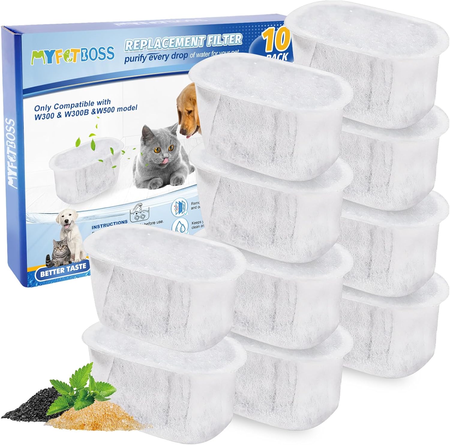 MyfatBOSS 10 Pack Cat Water Fountain Filter Compatible with Wopet Cat Water Fountain W300&W300B