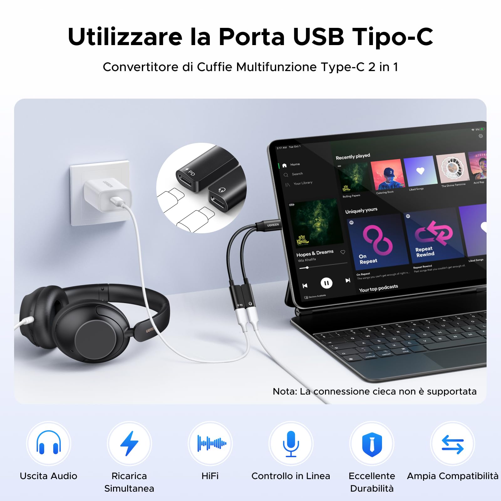 UGREEN Adattatore USB C a USB C 2 In 1 PD 60W Carica Rapida Magnetico 96Khz 24Bit Compatibile con iPhone 17 Pro Max Air iPad Galaxy S25 24 MacBook Air Pro PS5 4 Xbox