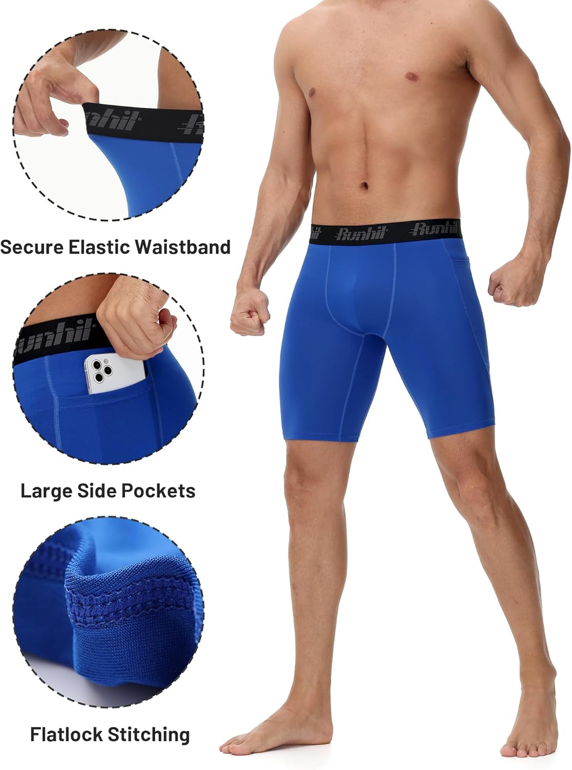 Runhit 2 Pack Mens Compression Shorts with Pockets 9" Performance Spandex Underwear Sport Athletic Workout Running Base Layer - Image 3