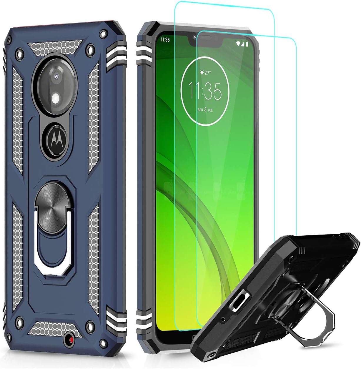 LeYi Moto G7 Play Case (Not Fit Moto G7) with [2 Pack] Tempered Glass Screen Protector, Military-Grade Defender Phone Case with Magnetic Car Mount Kickstand for Moto G7 Play, Blue