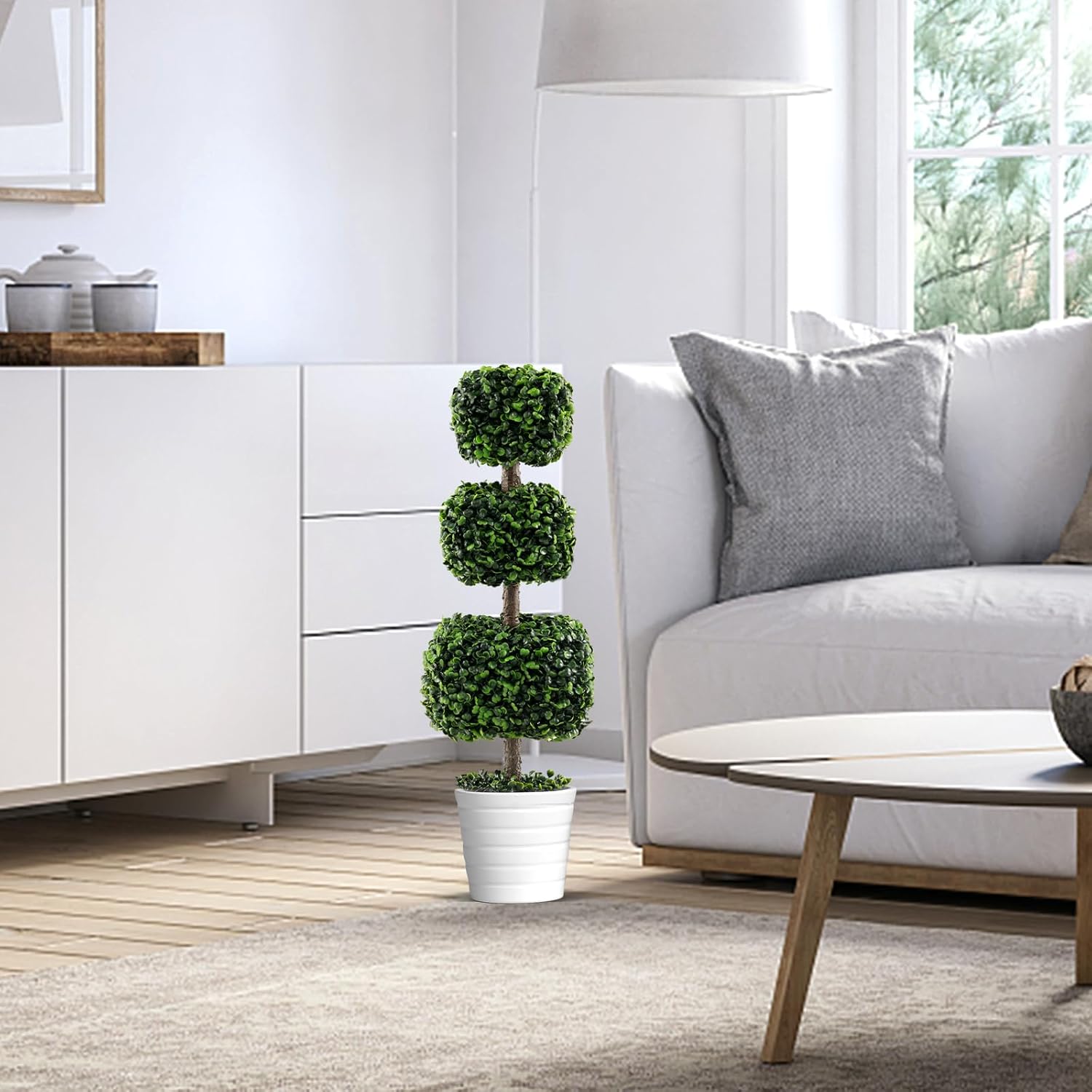 GOFLAME 30” Artificial Boxwood Topiary Tree, Faux Triple Square-Shaped Ball Tree with Cement-Filled Plastic Pot, UV Resistant Fake Shrubs Plant, Indoor Outdoor Potted Topiary Tree for Home Porch