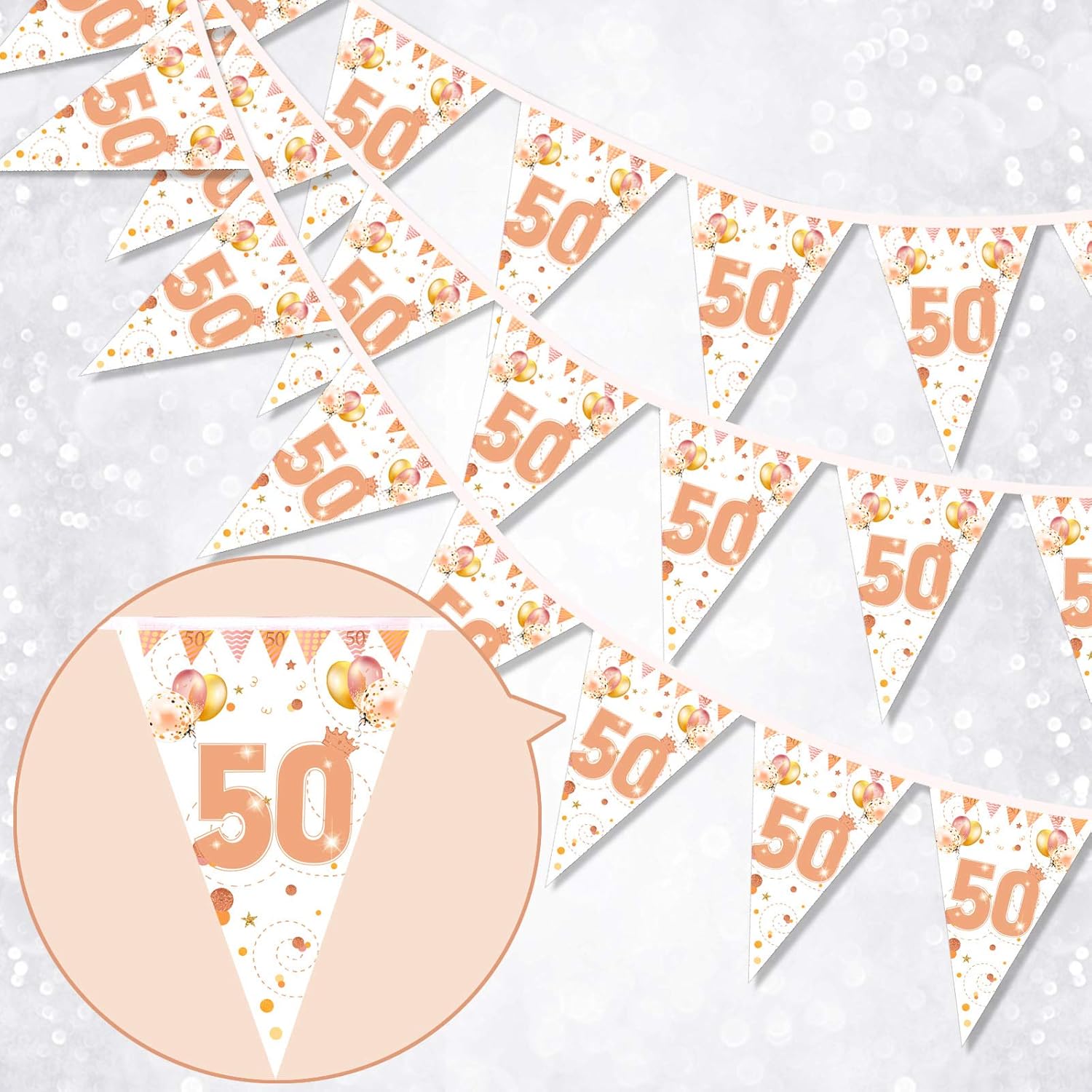 HOWAF Happy 50th Birthday Banner Bunting Flag Triangle Banner Rose Gold Glitter 50th Birthday Decoration for Women, 50 Anniversary Party Decoration Supplies, 7.4 x 10.8 Inch