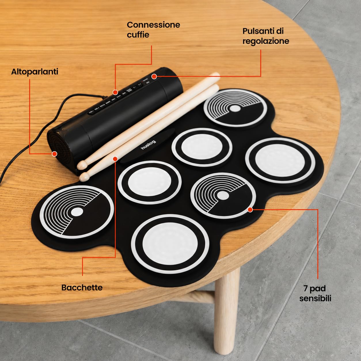Batteria Elettronica Portatile per Bambini e Principianti, 7 Pad + 2 Pedali, 12 Ritmi Demo, 7 Suoni, Funzione Registrazione, Ingresso MP3, Uscita Cuffie e Altoparlanti