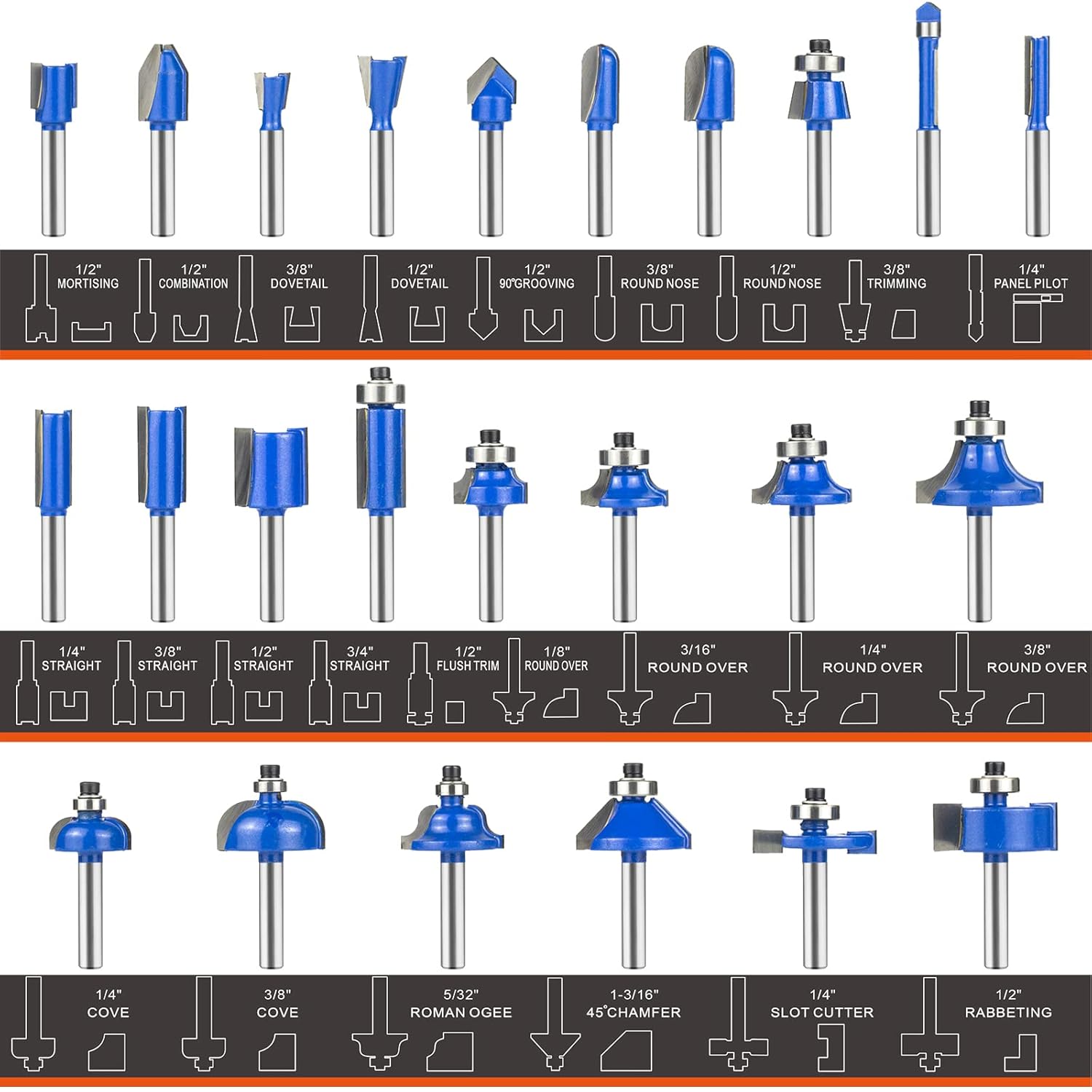 Router Bits Set 1/4 Inch Shank, 24 Pieces 1/4" Router bits Tungsten Carbide Wood Router Bits, Woodwork Tools, for Professional and Beginners Carpenter