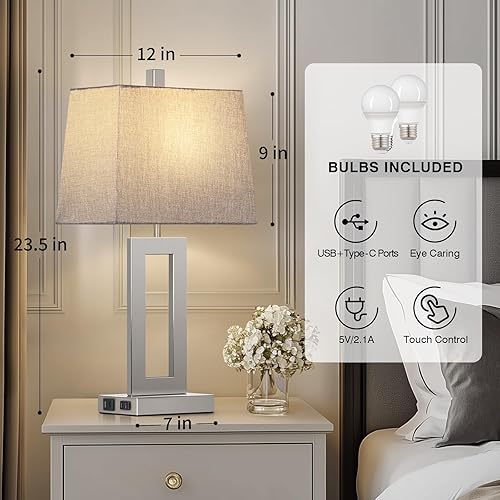 Miniatura 6 de Juego de 2 lámparas de mesa con control táctil, modernas lámparas de noche plateadas con puertos USB C+A y salida de CA, lámparas de dormitorio