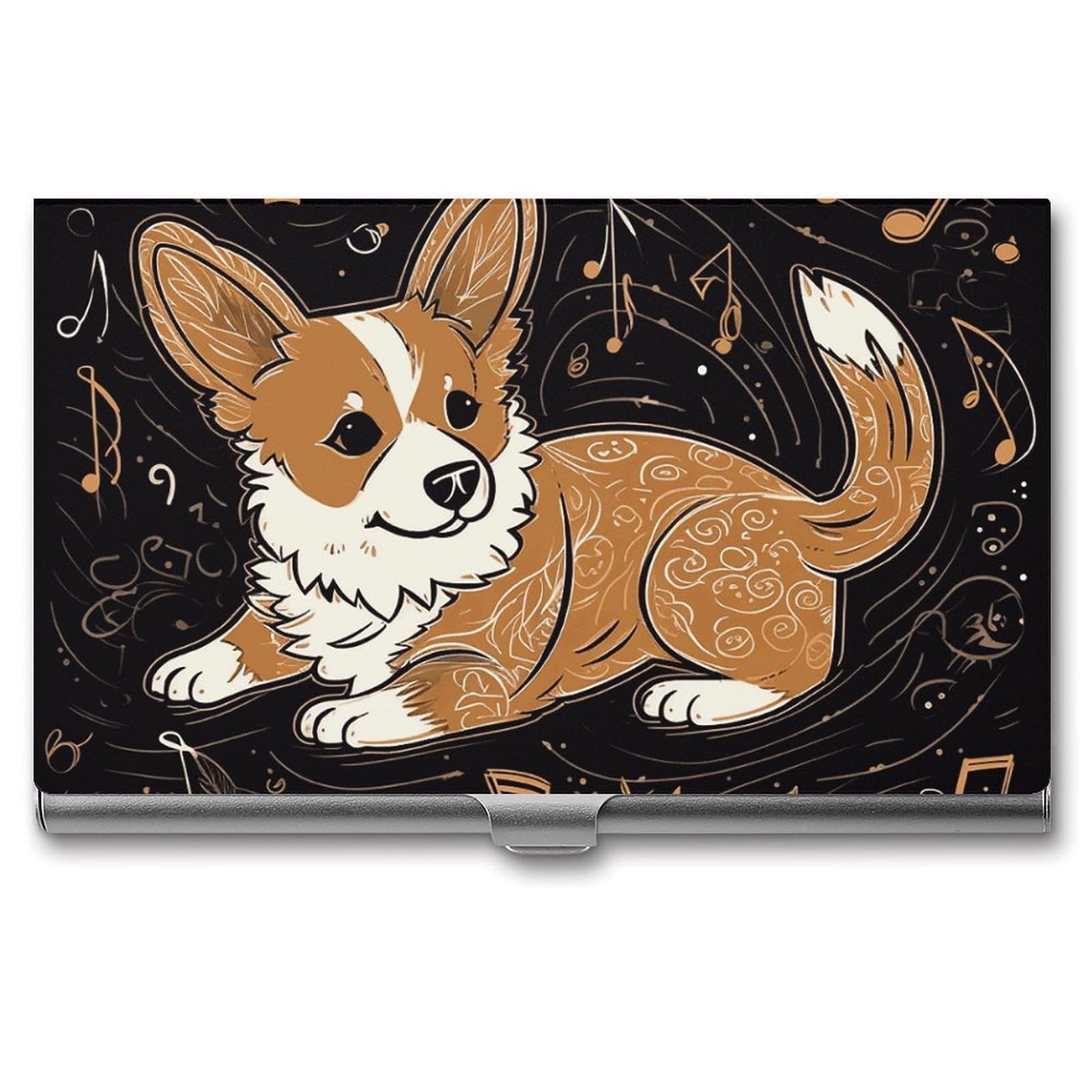 JTREHY Corgi Who Loves Music Business Card Case Convenient to Carry Business Card Dispenser Durable Not Prone to Wear And Tear Business Card Holder for Men & Women