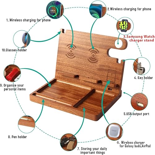 Miniatura 2 de Organizador de escritorio con 4 estaciones de carga inalámbrica para dispositivos Samsung, cargador inalámbrico dual de 27 W de carga rápida para 2