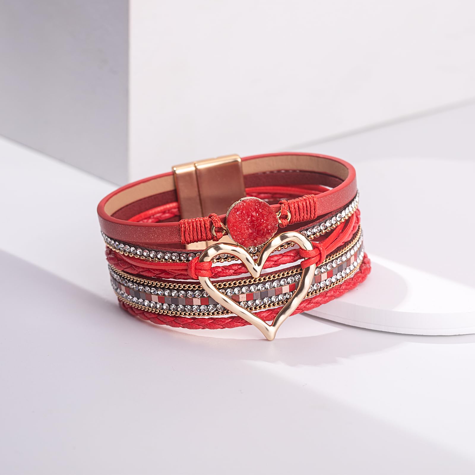 FANCY SHINY Heart Leather Wrap Bracelets Stackable Boho Cuff Bangles Trendy Resin Stone Rhinestone Bracelets with Magnetic Clasp for Women