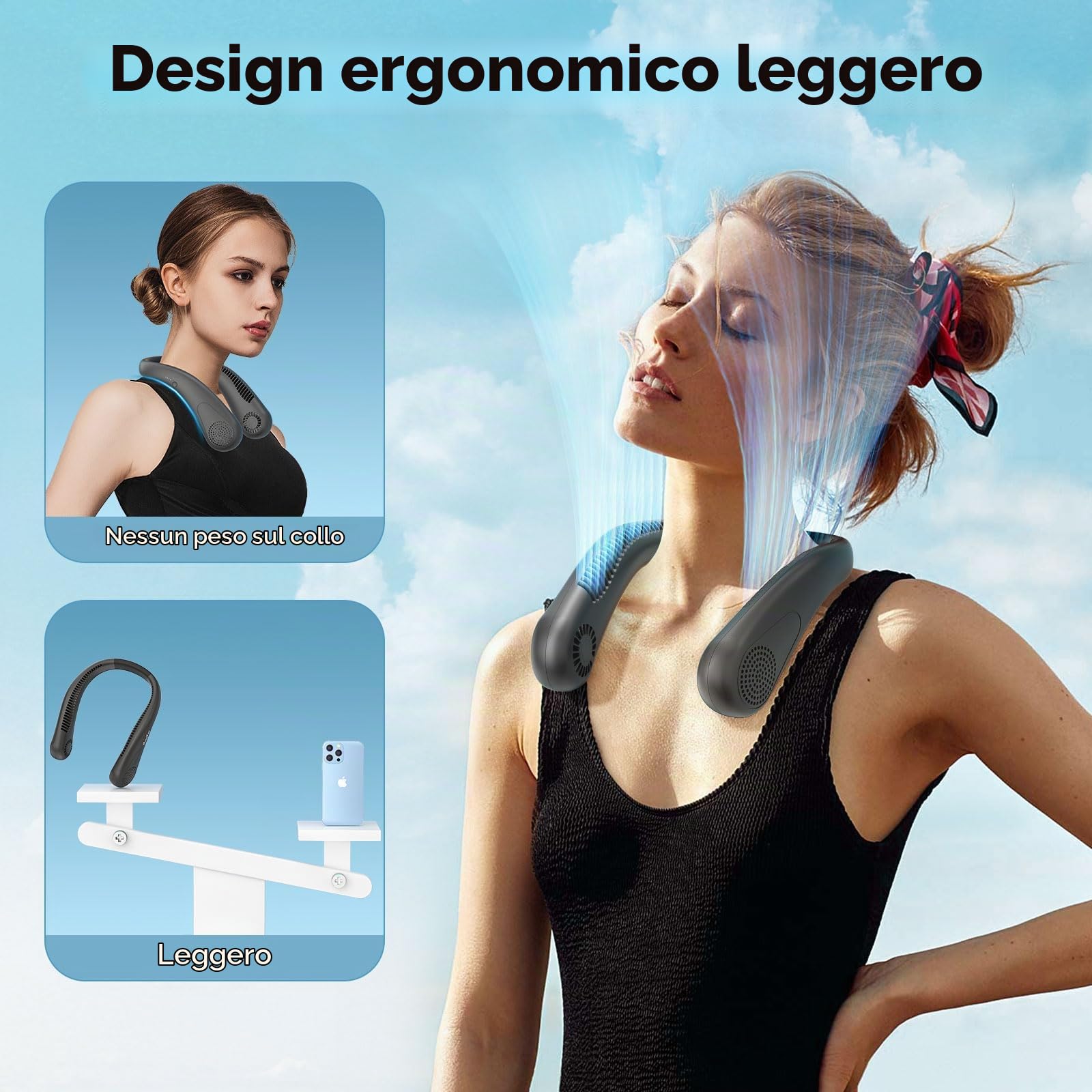 HandFan 5000mAh Ventilatore Portatile da Collo, Ricaricabile USB Ventilatore Mini,15 Ore Di Durata Della Batteria,3 Velocità Per Ufficio,Casa,Aria Aperta,Campeggio,Viaggi e Sport(Nero)
