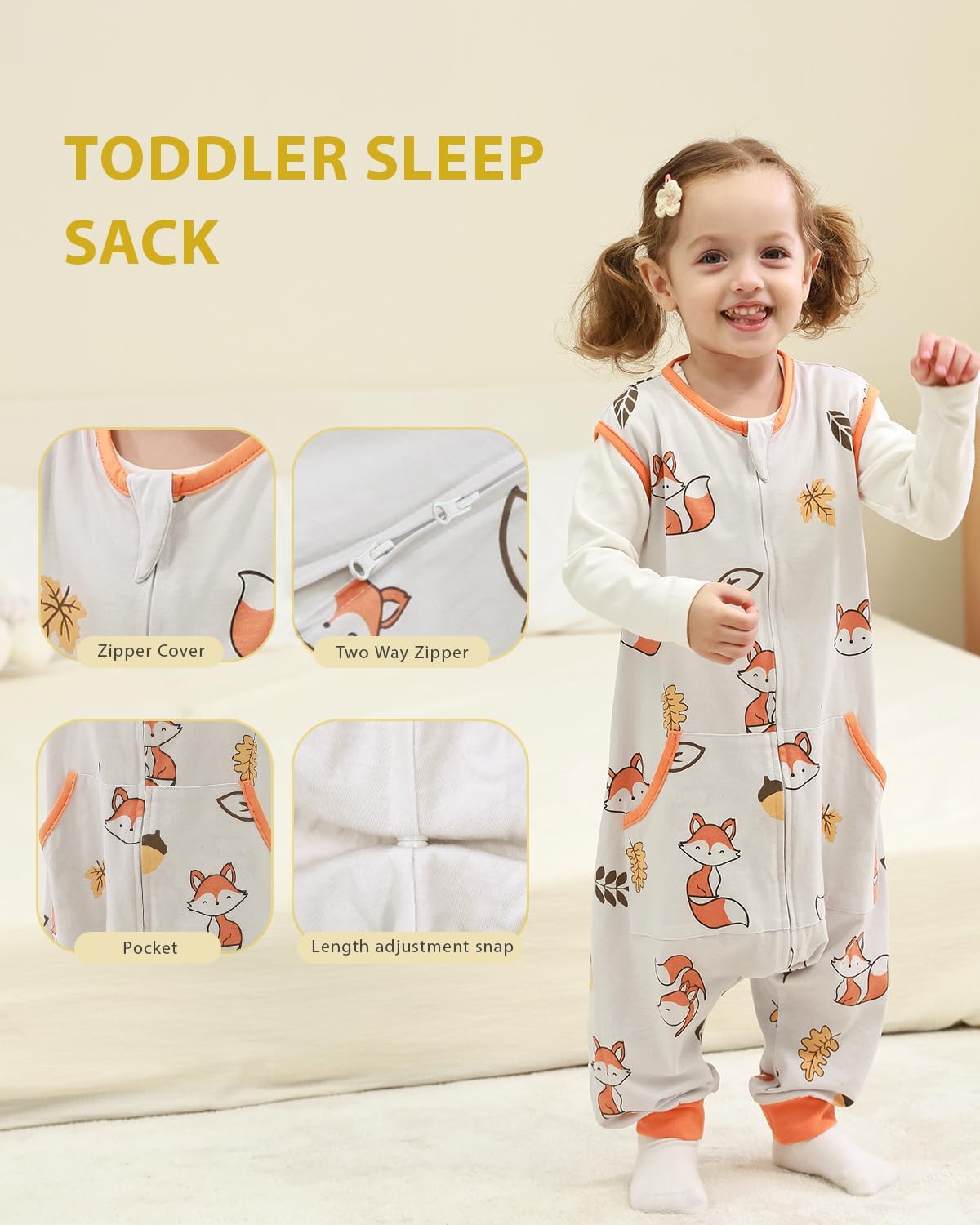 HOMEAL 0.5Tog Toddler Sleep Sacks 12M-2T,Toddler Sleeping Sack with Legs, Sleep Sacks, Wearable Blanket, Fox - Image 2