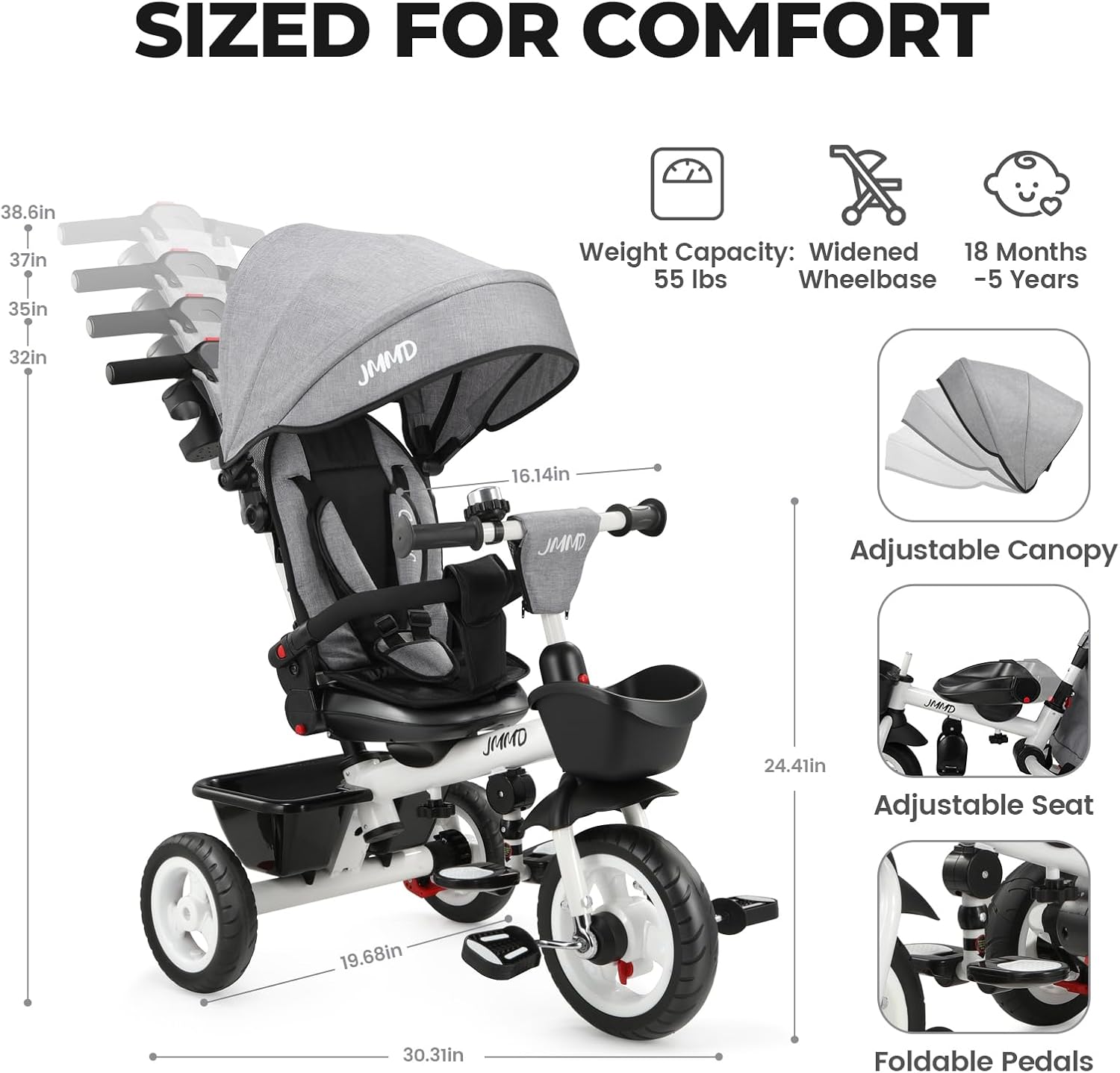 JMMD 7 in 1 Tricycle Stroller with Push Handle, Baby Trike with 360° Swivel Seat, Reclining Backrest, All-Terrain Wheels, Dual Brakes, Canopy & Storage, Gift for Kids 18 Months to 5 Years, Gray
