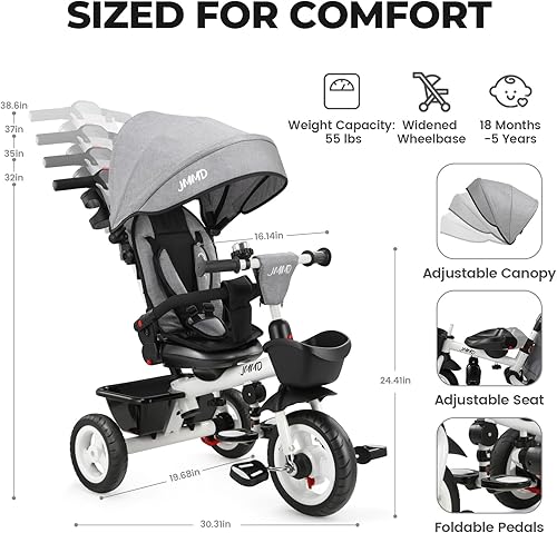 Miniatura 3 de JMMD - Triciclo para bebé 6 en 1 con mango ajustable de empuje, toldo extraíble, arnés de seguridad, para usar desde 18 meses hasta 5 años de edad,