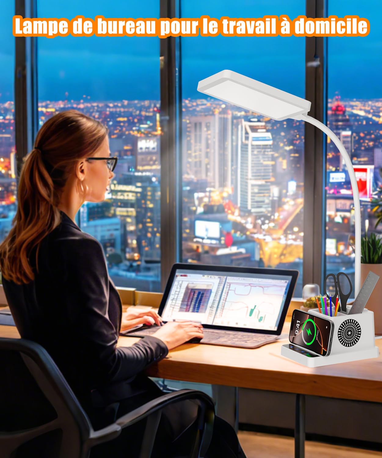 Lampe de Bureau LED 15W avec Charge Sans Fil, Col de Cygne à 360°, Lampe de Chevet Dimmable, 3 Modes de Couleur, 4 Niveaux de Luminosité, pour Bureaux/Chambres à Coucher/Résidences étudiantes (Blanc)