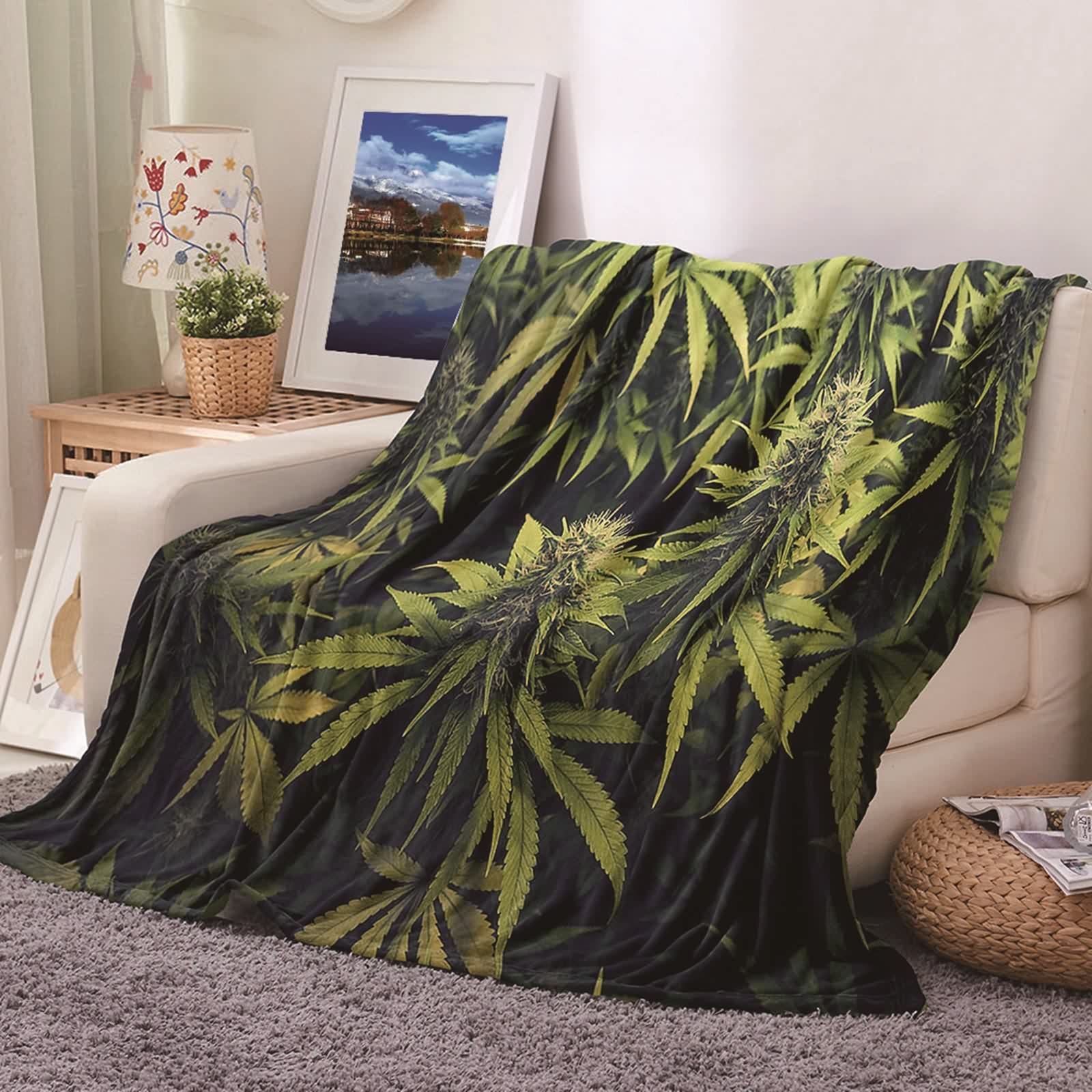 Couverture plaid en flannel KnSam 180x200cm feuilles vert couverture douce pour lit