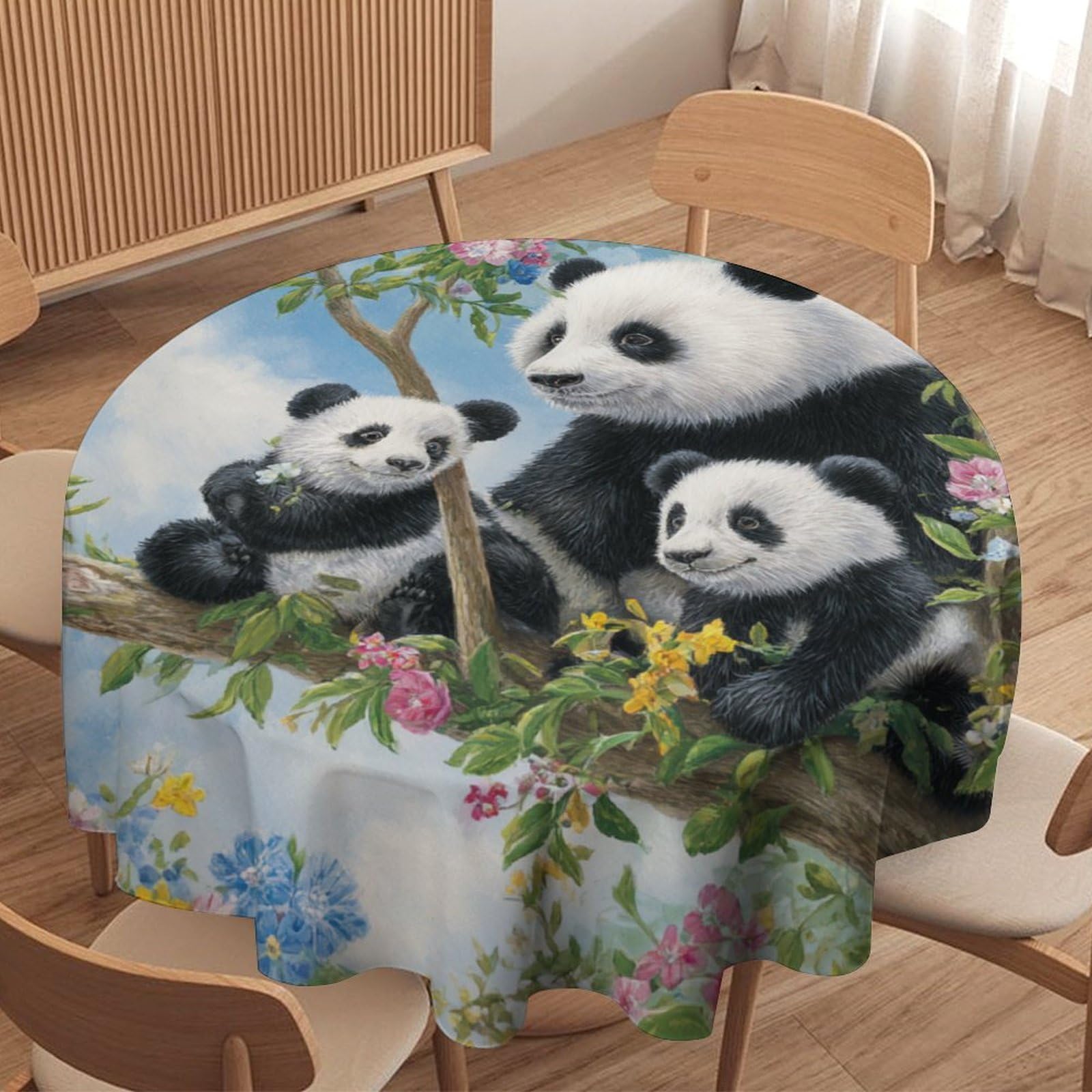 LUYYSKY Rustic Abstract Wildlife Pandas Waterproof Round Tablecloth Modern Aesthetic Spring Plants Tree Animals Pandas Butterflies Washable Table Cover for Kitchen-127 Wx127 L cm