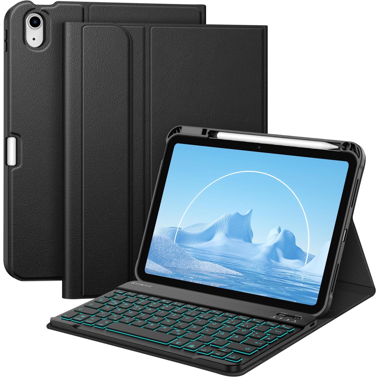 FINTIE Hülle mit Tastatur für iPad A16 11 Generation/10 Gen (11/10.9 Zoll, 2025/2022), 7-farbige Hintergrundbeleuchtung, Magnetische abnehmbare Bluetooth-Keyboard Hülle mit Stifthalter, Schwarz