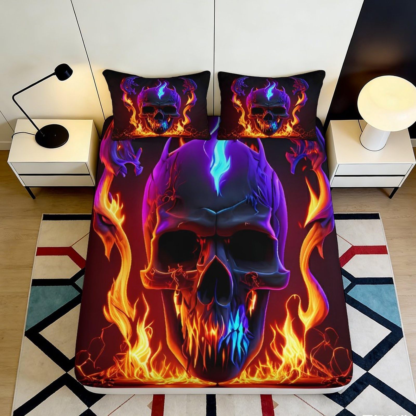 3D Printed Flaming Skull Fitted Sheet Microfiber Soft Breathable Fiery Skull Bed Cover for Bedroom Dormitory Guest Room Mattress Protection 120x200x25cm
