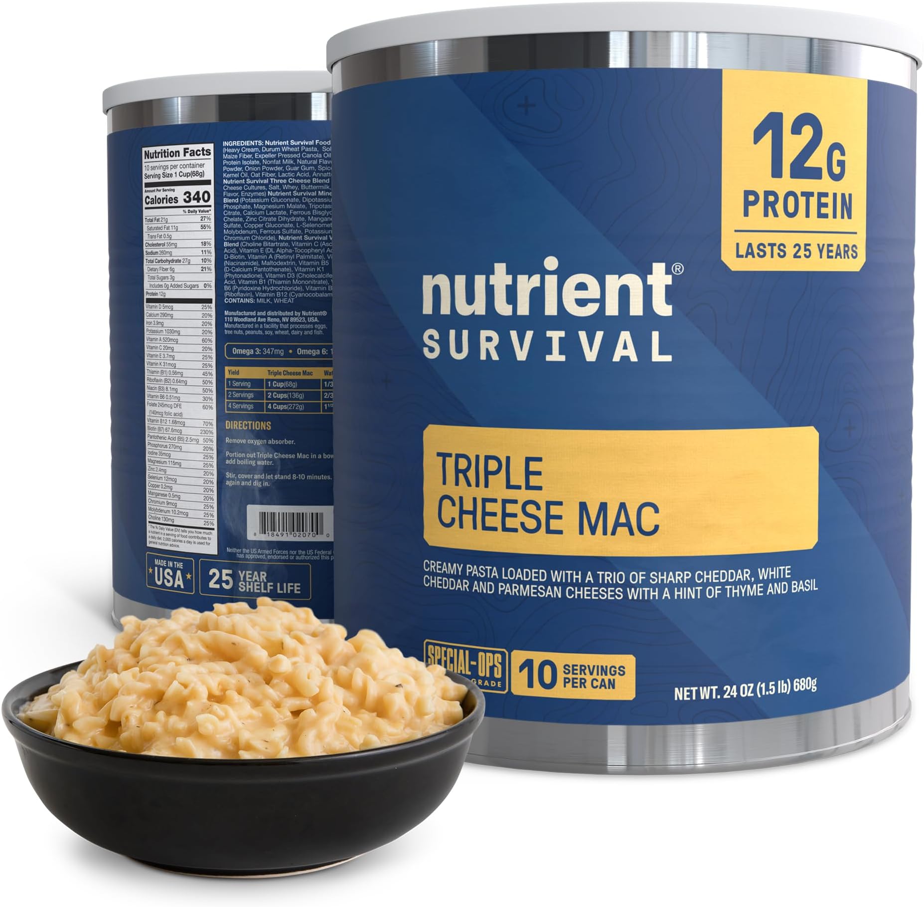 Triple Cheese Mac High Protein Meal (10 Servings) Freeze Dried Prepper Supplies & Emergency Food Supply, 40 Essential Nutritients, Shelf Stable Up to 25 Years, One Can