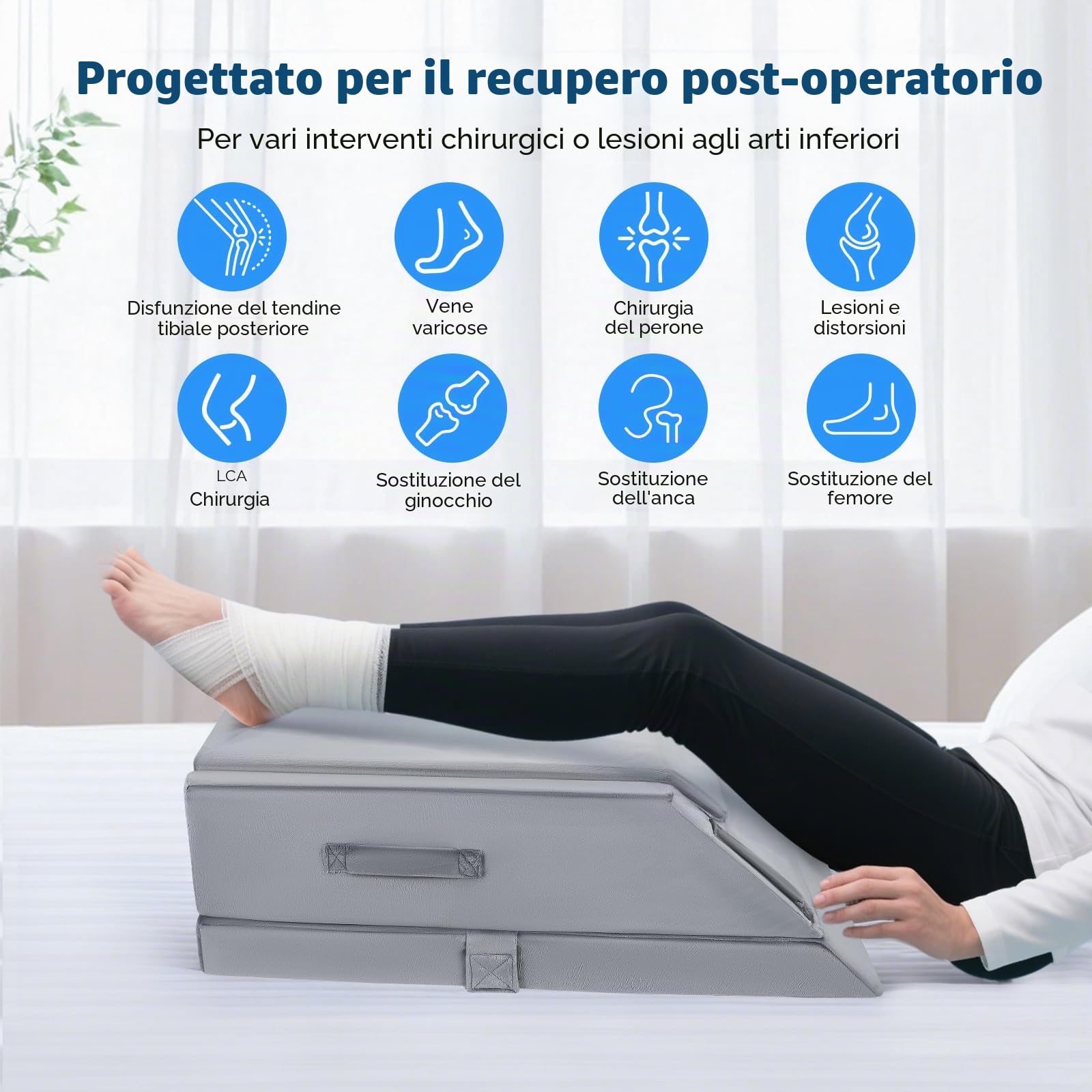 Cuscino per gambe con 3 livelli di altezza, cuscino ortopedico a cuneo per gambe dopo interventi chirurgici (ginocchio, anca, LCA), morbida schiuma memory, scanalature a forma di U per il posizionamen