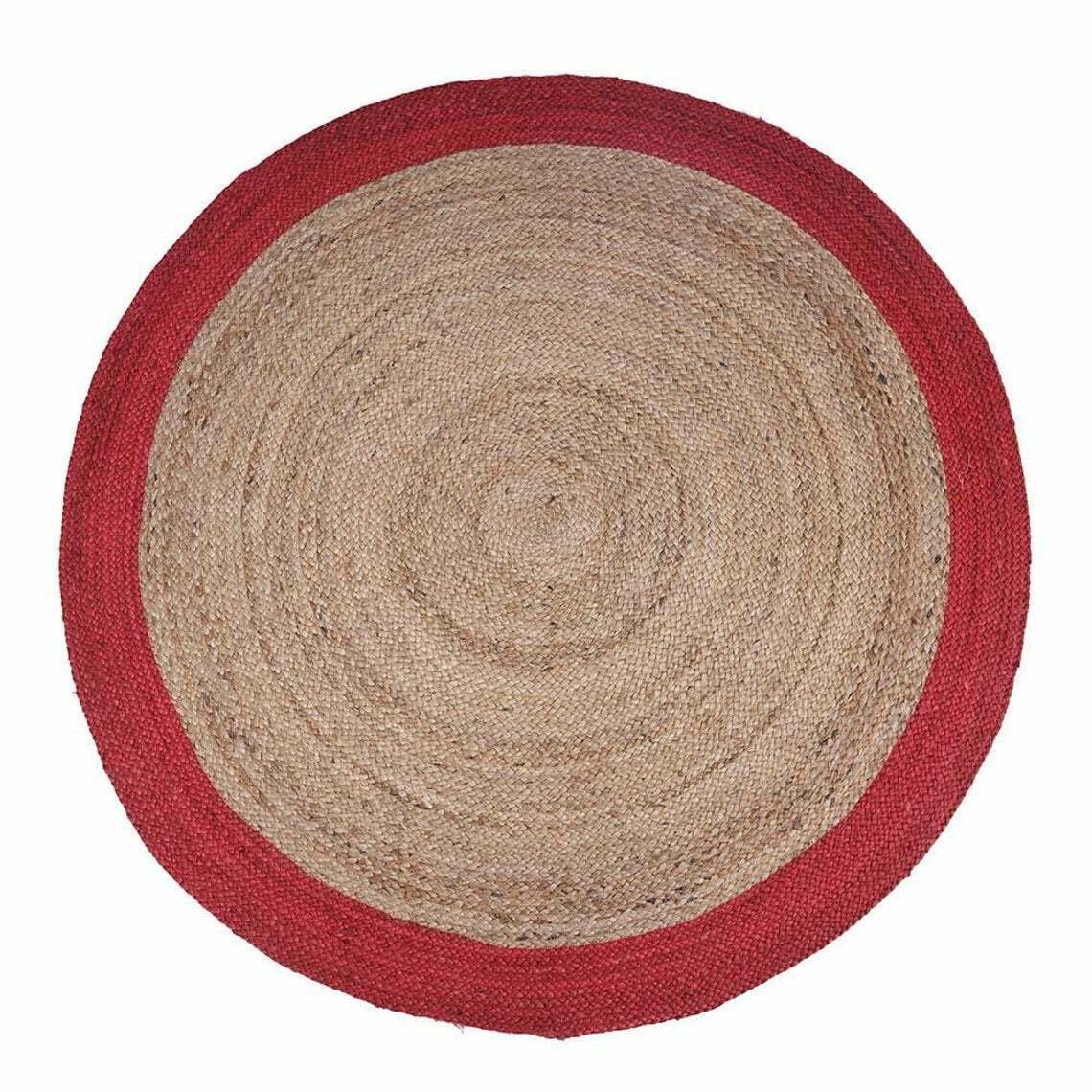 Tapis rond en jute naturel avec bordure colorée faite à la main - 90 x 90 cm - Beige + rouge