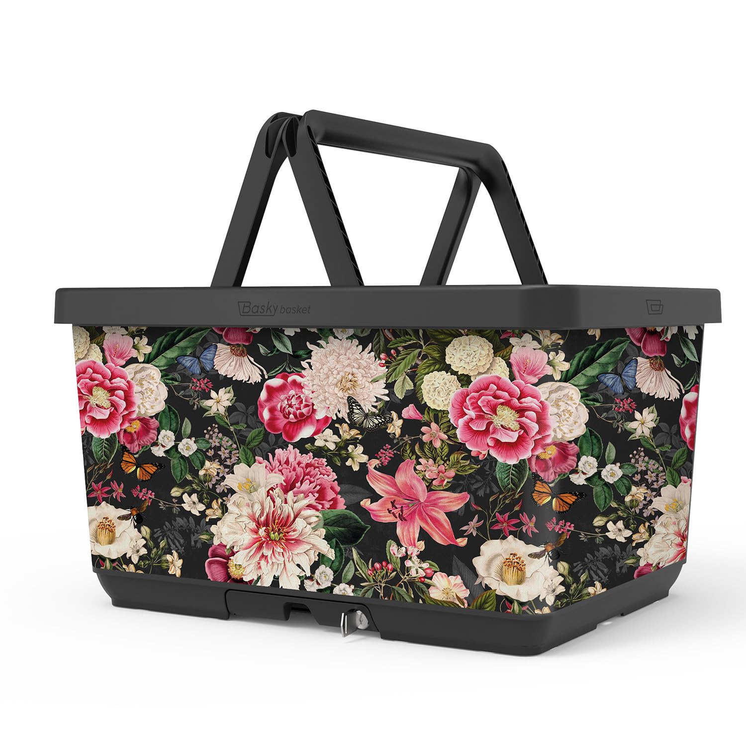 Basky Basket Afneembare Fietsmand | English Flower Design | Fietsen Mand voor fiets & e-bike | Fietstas voorop en achterop | Adapterplaat bagagedrager kliksysteem met slot | Duurzaam Fietskrat
