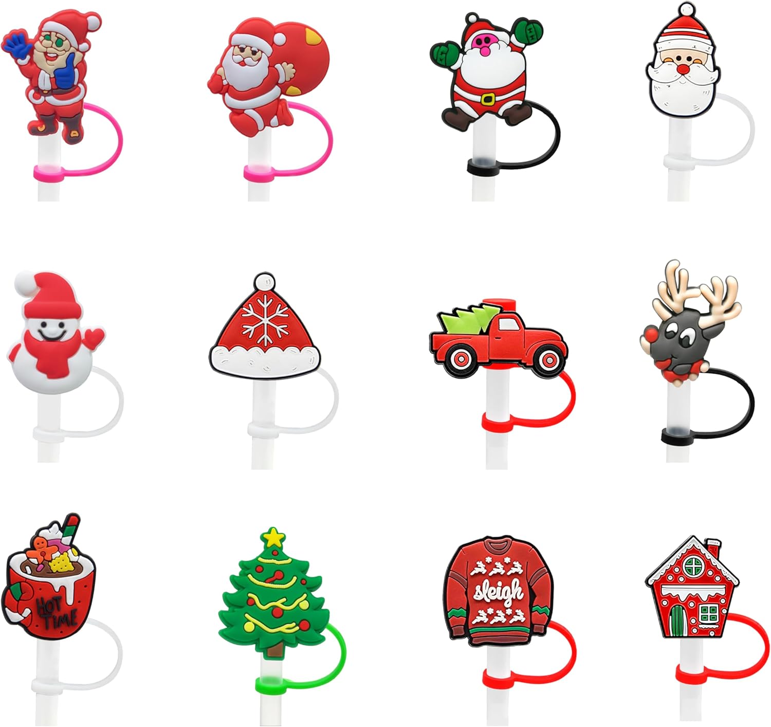 12Pcs Christmas Straw Covers, Reusable Silicone Straw