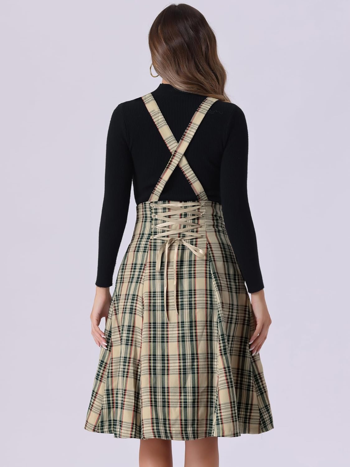 Allegra K Overall Plaid Dress for Women's Christmas Tartan Pinafore Suspender Skirt - Image 2