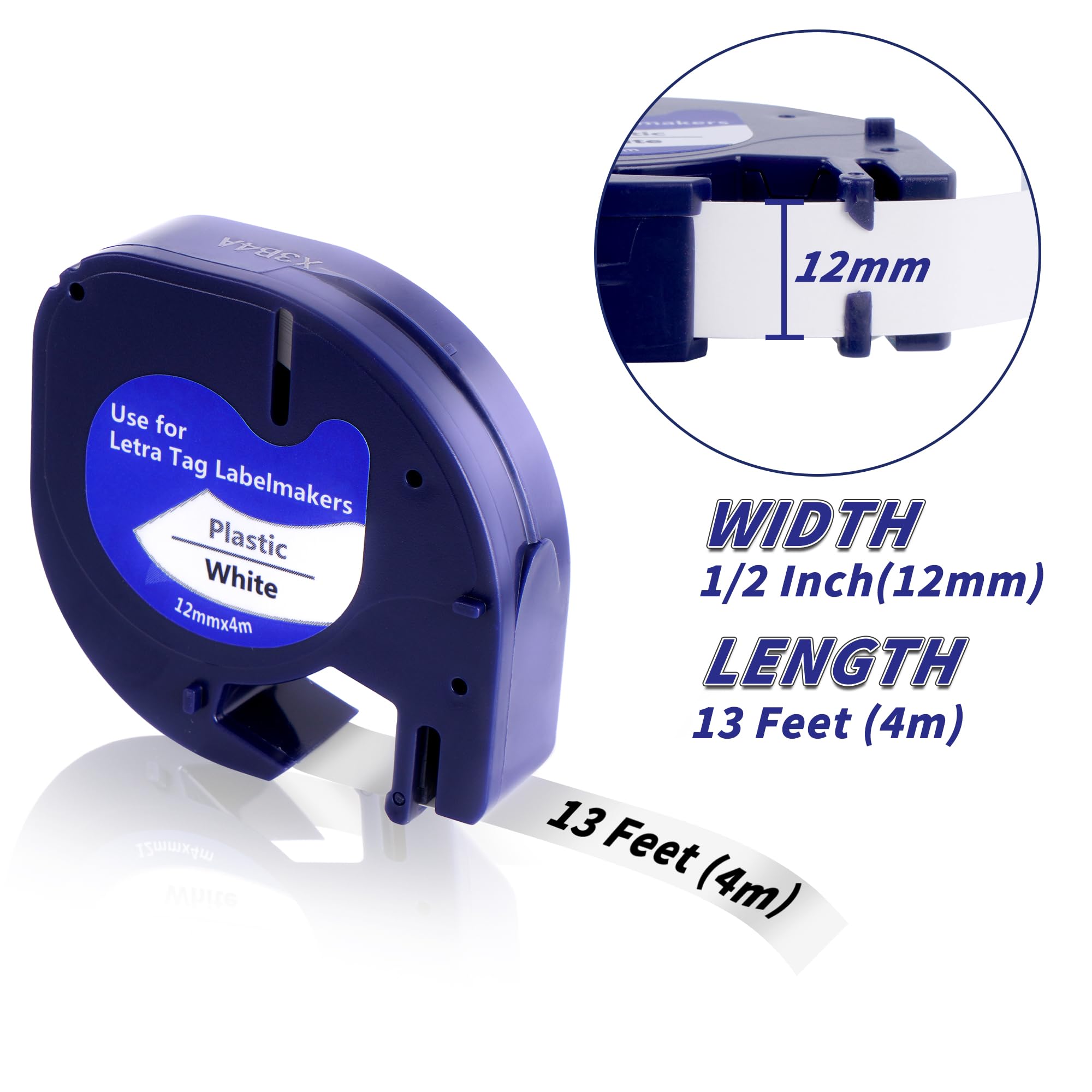 Ruban Compatible Dymo 12mm x 4m pour Etiqueteuse Letratag Plastique Noir sur Blanc