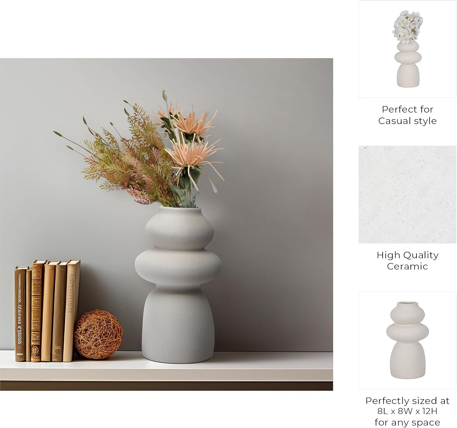 Ceramic Vase for Stylish Home Decor – Elegant Flower Vase for Any House, Bedroom, Office, Living Room, and Tabletop Decor – Timeless and Charming Room Accent Piece – 12", Ivory