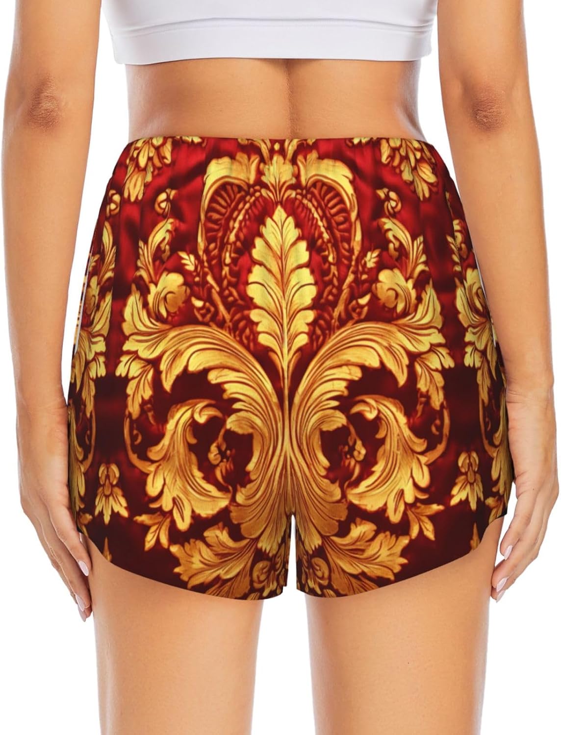 Damask Pattern Print Women's Running Shorts,Athletic Shorts with Elastic Pockets,for Yoga,Jogging and Fitness