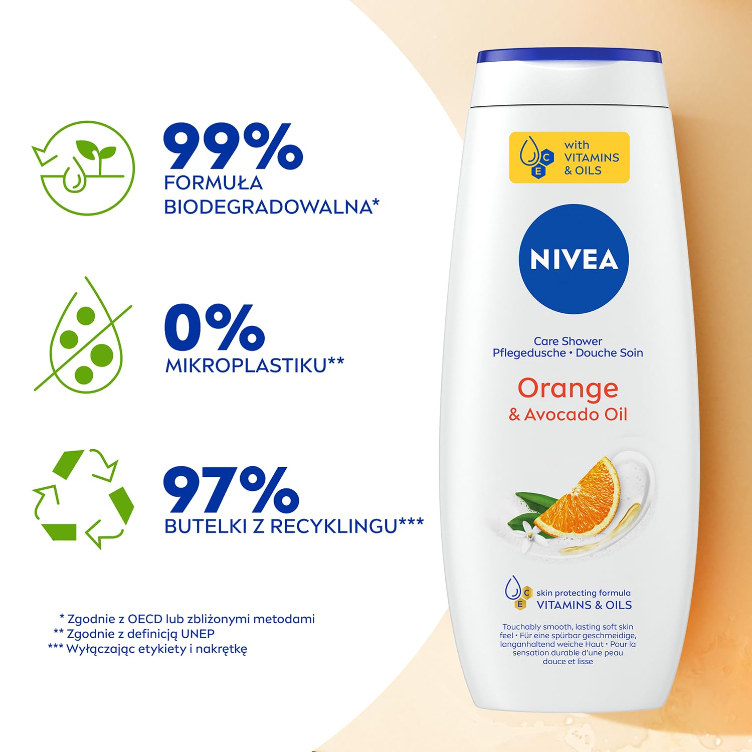 NIVEA Orange & Avocado Shower Gel, 500 mL (16.91 US fl oz), Refreshing Daily Body Cleanser with Citrus-Inspired Fragrance, Creamy Lather Body Wash, Family Size Bottle for Bath and Shower image 5