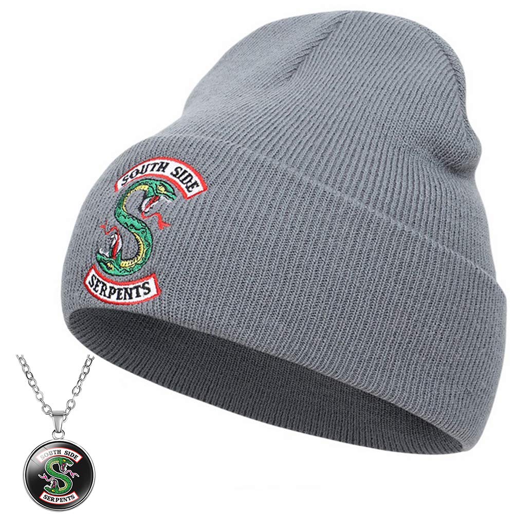 CIVFCRT Jughead Jones Hat TV Movie Fashion Adult Riverdale Beanie Cap Winter Knitted Embroidery Hat and Decorative Snake Necklace Cosplay-Gray