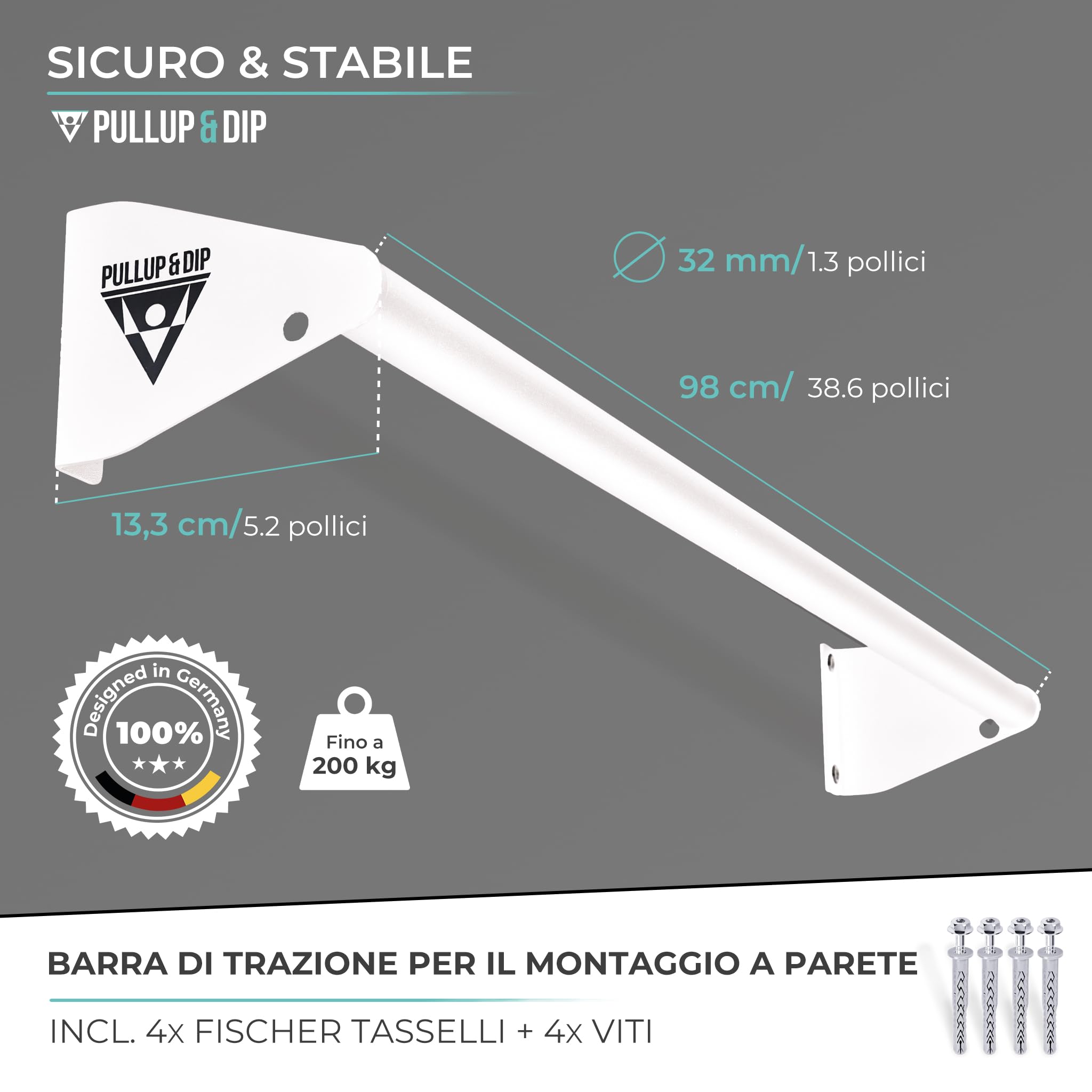PULLUP & DIP Barra trazioni a muro - Antiscivolo Barra per trazioni pesanti ideale per trazioni, chin-up, sollevamento gambe e anelli da ginnastica in acciaio.