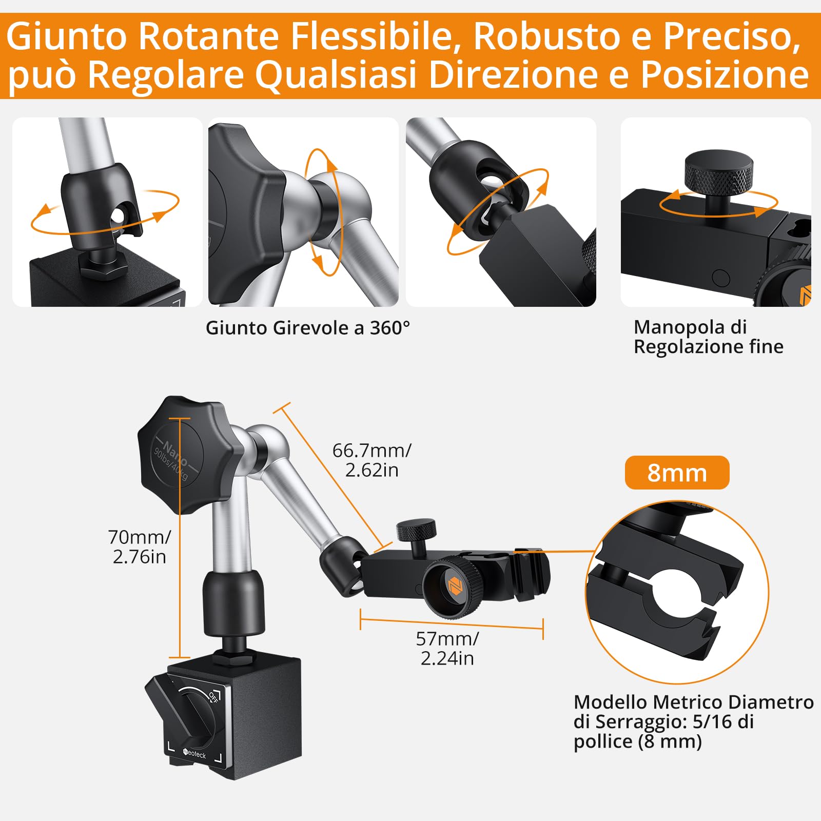 Neoteck Indicatore Digitale a Quadrante 0~0,8 mm con Supporto Magnetico Comparatore a Leva con Sonda Rotazione di 270° Indicatore di Prova a Quadrante per Laboratori di Meccanica Industriale