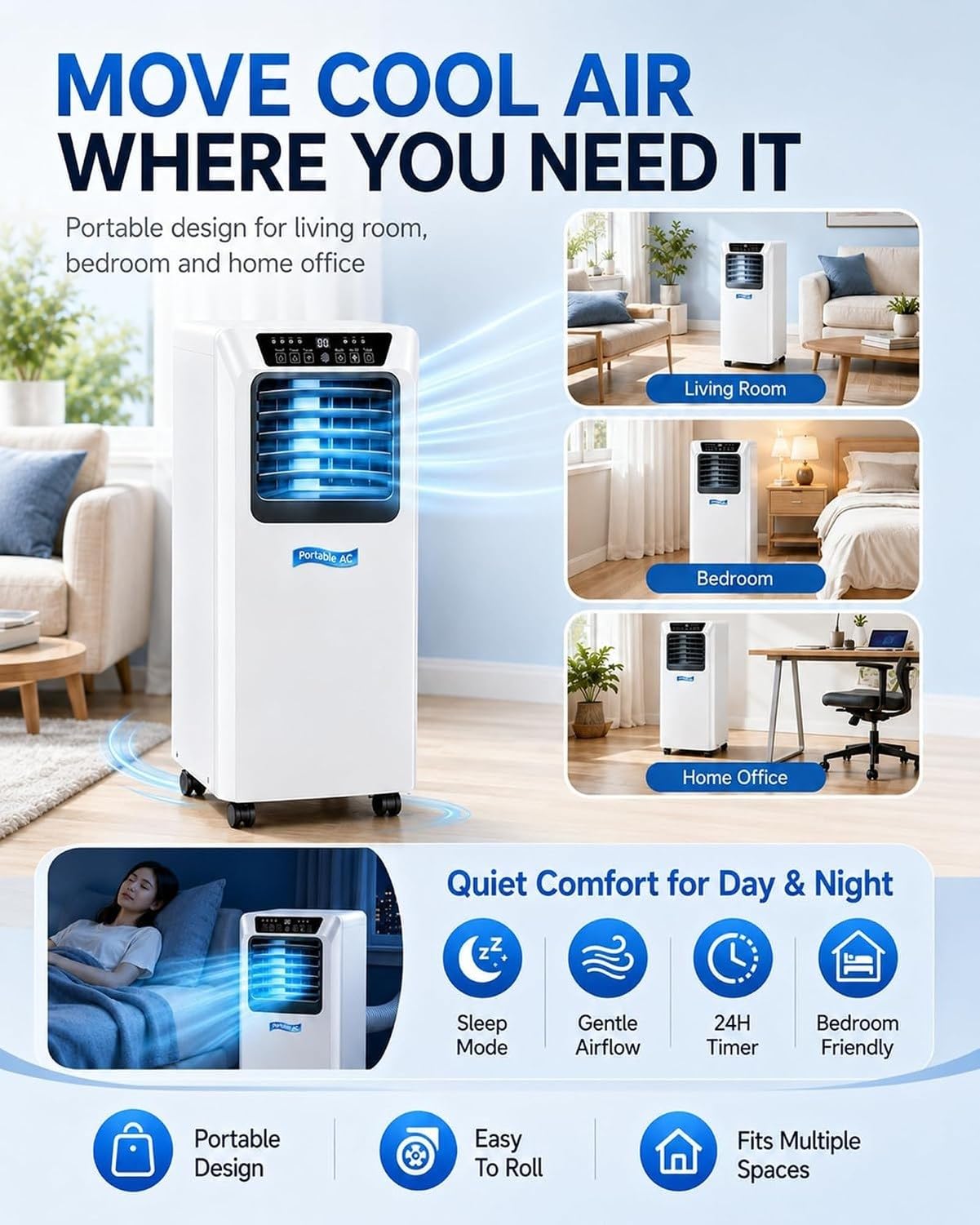 Condizionatore Portatile 7000/9000 BTU con Timer 24H e modalità Notte, 7000BTU, 7000BTU