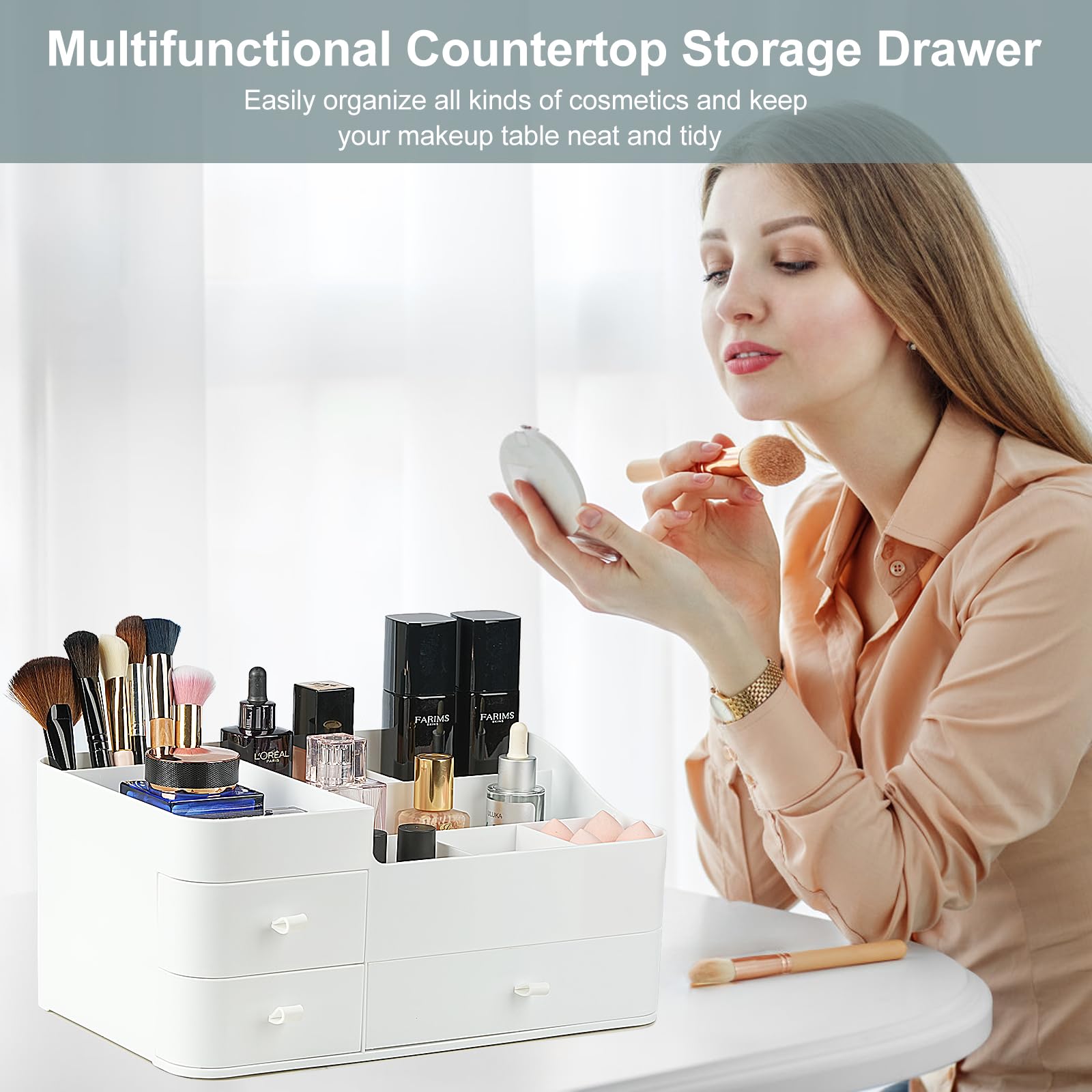 KIMCHOMERSE Countertop Cosmetic Storage Organizer, Dresser Organizer with 3 Drawers, Bathroom Vanity Organizer for Cosmetics, Toiletries, Skin Care, Jewelry, Stationery Pens - White