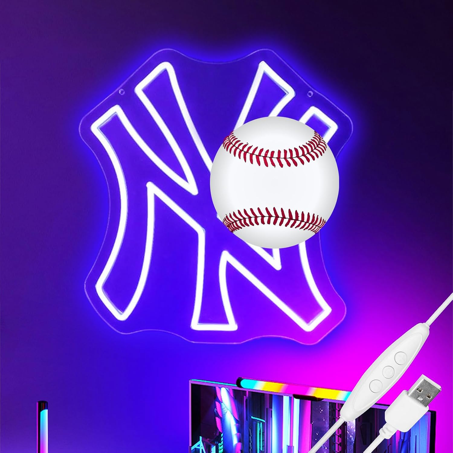 NY Baseball Team Neon Sign,Cool Light Up Dimmable Baseball Team Logo LED Hanging Neon Sign for Wall Decor Art,Bedroom,Party,Man Cave,Garage, Game Room Deco,Birthday Christmas Gift for Boys Fans