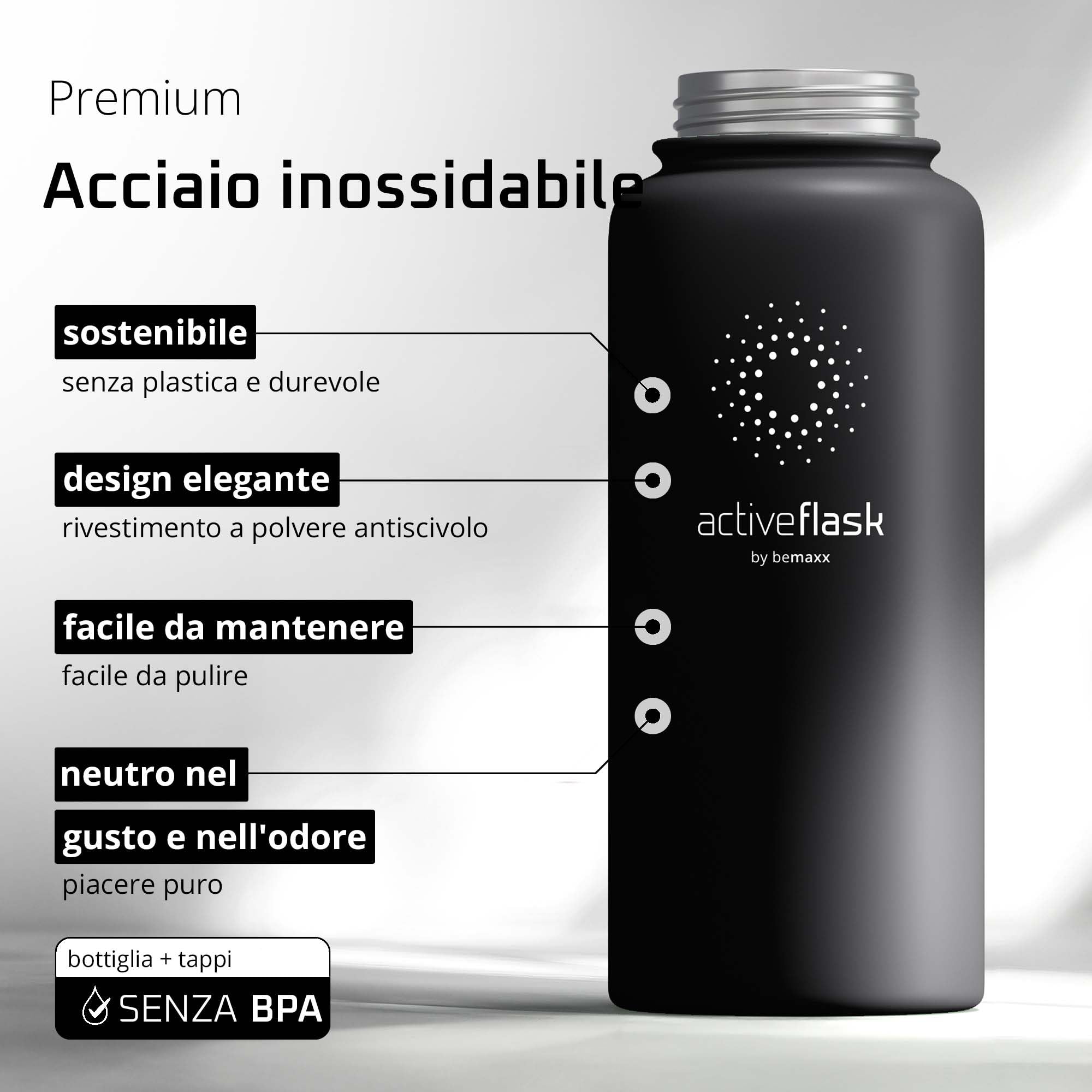 Bottiglia Acqua Termica INOX ACTIVE FLASK + Cannuccia (3 Tappi), Senza BPA, 1l/500ml | Borraccia Isotermica Acciaio - Caldo/Freddo, Ufficio Outdoor Sport Bicicletta viaggio fitness, Caffe Te