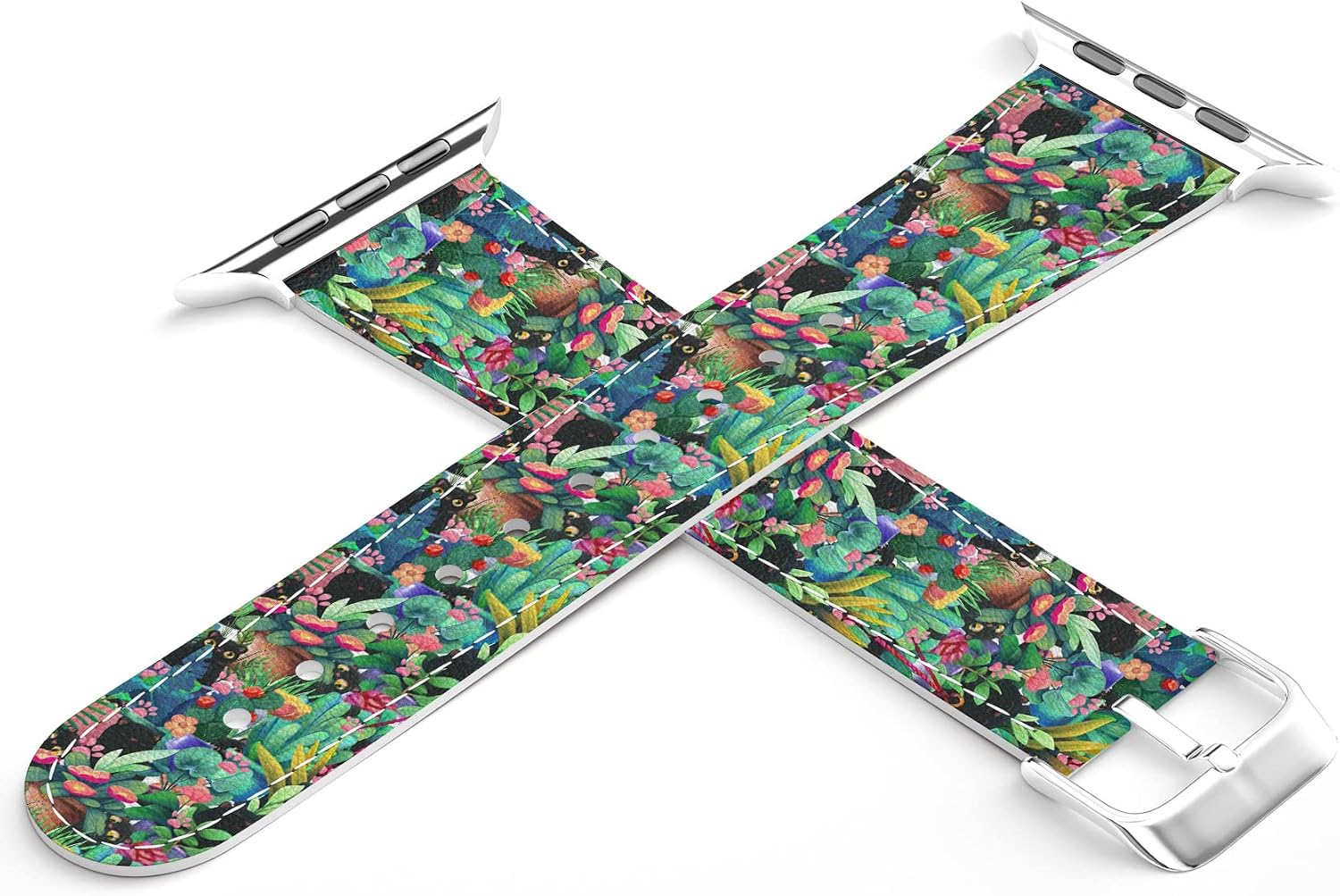 Wrist Band Compatible for Apple Watch Series 7/6/5/4/3/2/1/SE & Matching Phone Case Print Bracelet Funny Black Cat Houseplants Pots Cute Replacement Strap 38-40-42-44 mm PU Leather image 3