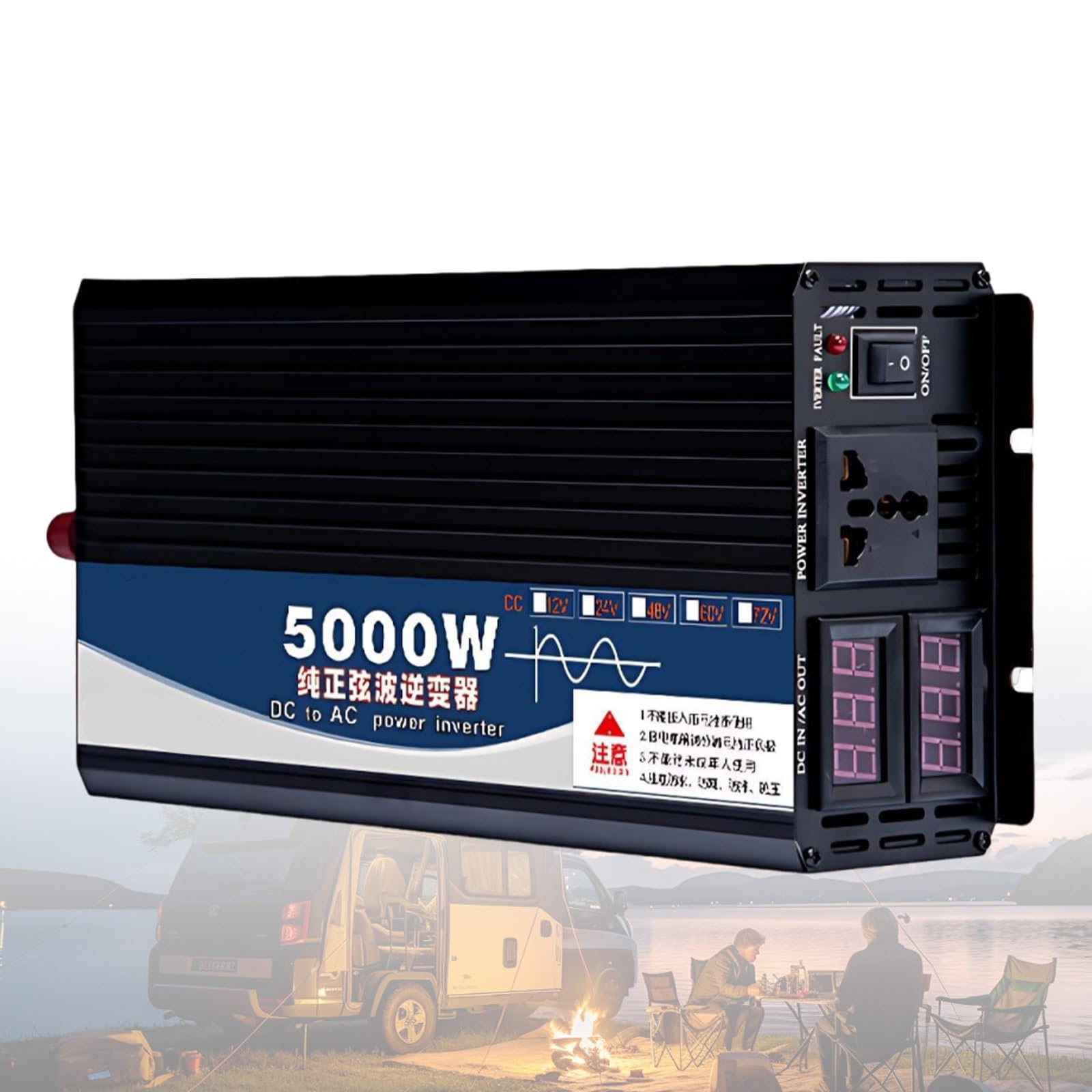 Inwerter z ekranem LED 5000W/6000W/8000W, Inwerter do samochodów 12V/24V/48V/60V, monitoruj wydajność energii w czasie rzeczywistym podczas podróży(5000W,12V to 110V)