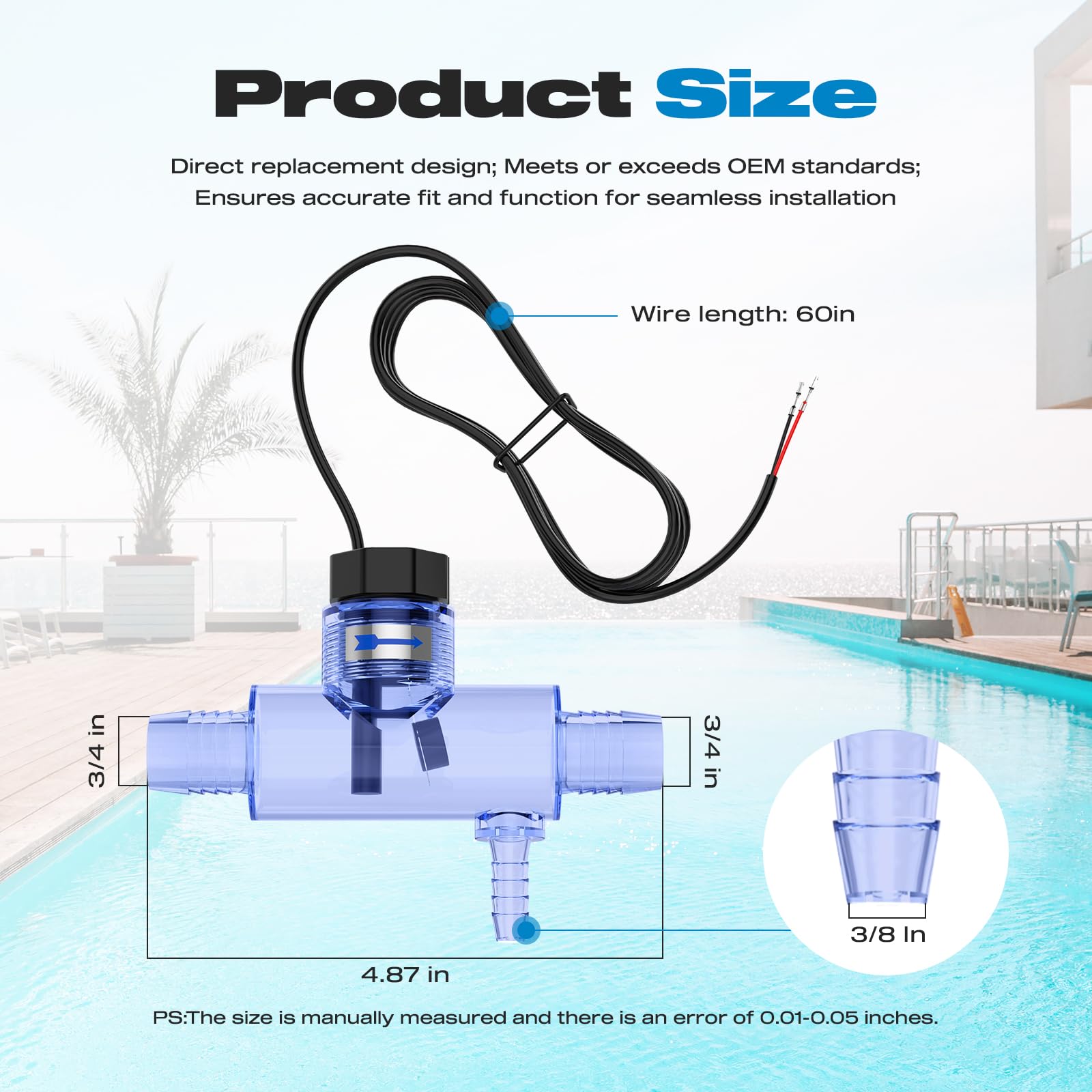 Interruttore di flusso per vasca idromassaggio Sundance & Jacuzzi Spa, ricambio per 6560-860, 6560-858, sensore di flusso completo di montaggio con T trasparente e spina a 2 pin