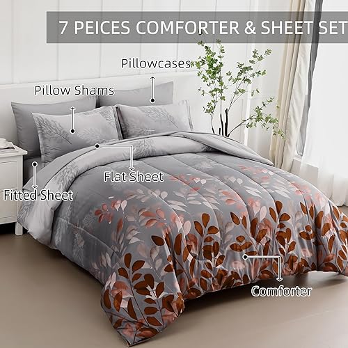 Miniatura 2 de Juego de edredón marrón tamaño King de 7 piezas, cama floral en una bolsa con patrón de hojas degradadas, juego de ropa de cama botánica para todas