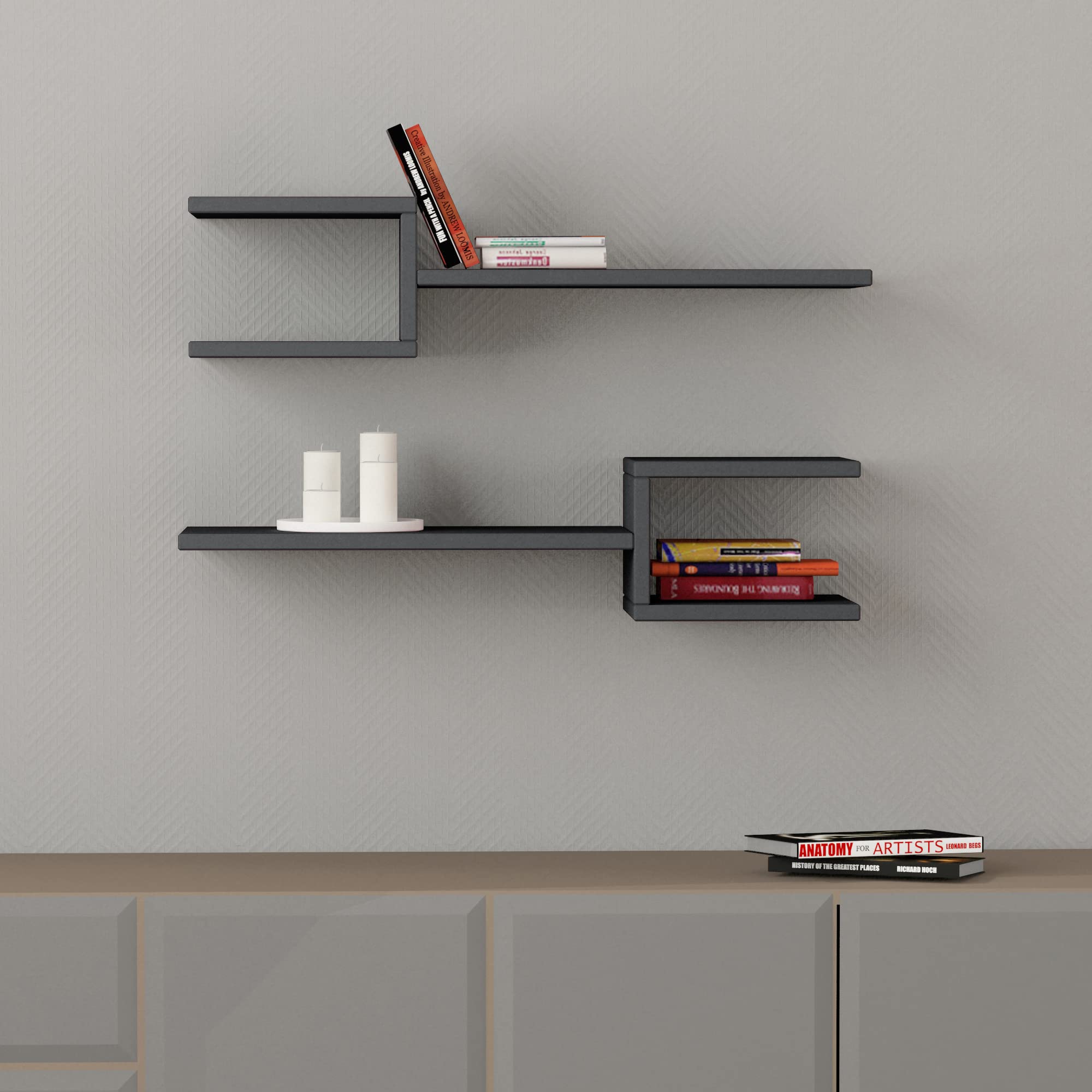 HOCUS PICUS Stylish Floating Shelves Set of 2, Modern Display Unit Living Room, Office etc. Organiser for Book & Accessory for Storage Wall Mounted Shelves (Anthracite)