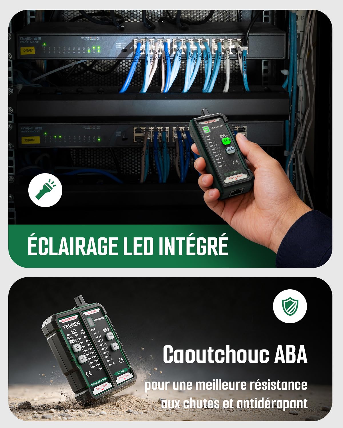TESMEN TLP-528C Testeur de câbles réseau, RJ11/RJ45, détecteur Ethernet CAT5/CAT6 avec test de continuité & QC, localisateur LAN et téléphonique, idéal pour maintenance des câbles – Vert