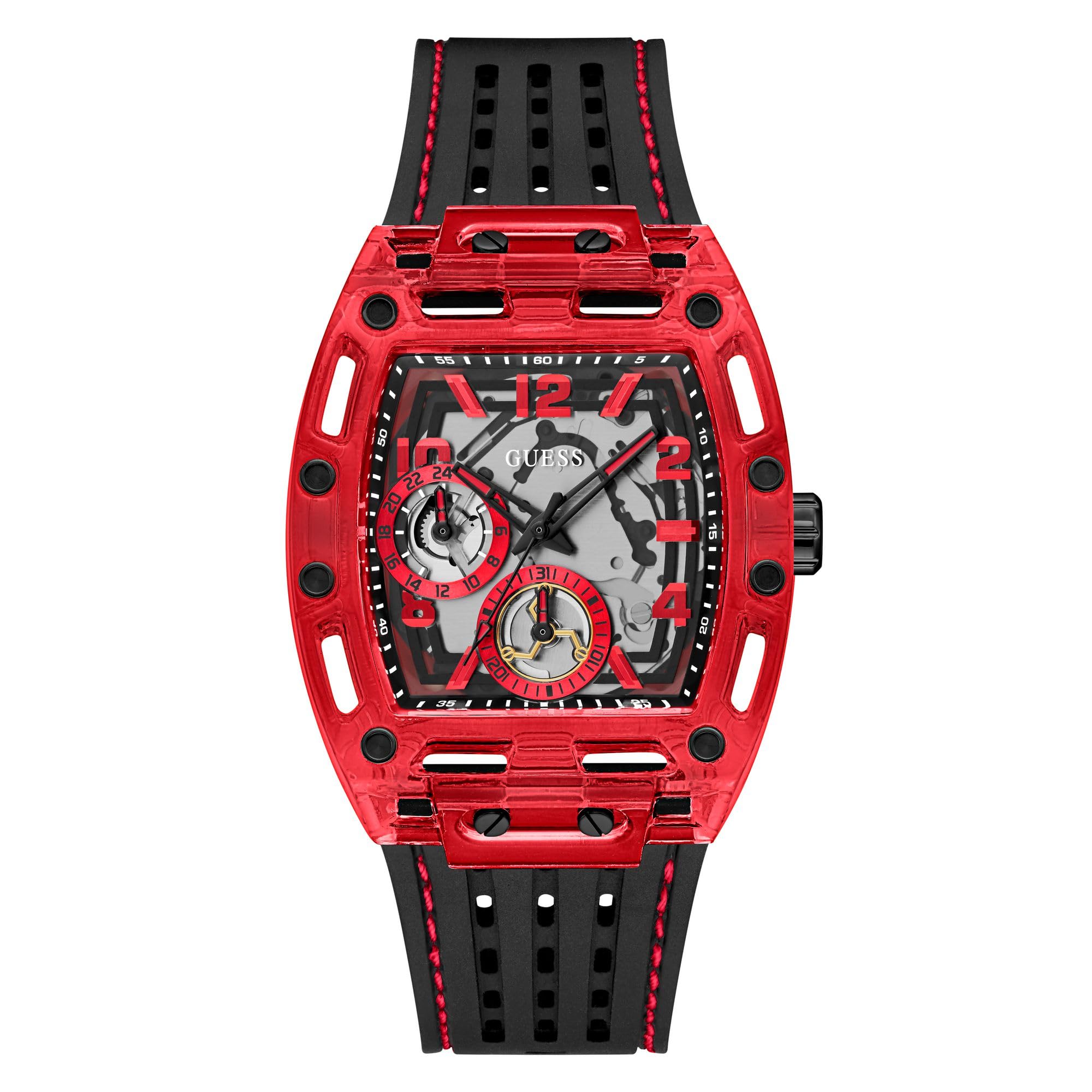 GUESS Men's 41mm Watch - Black Strap Black Dial Red Case