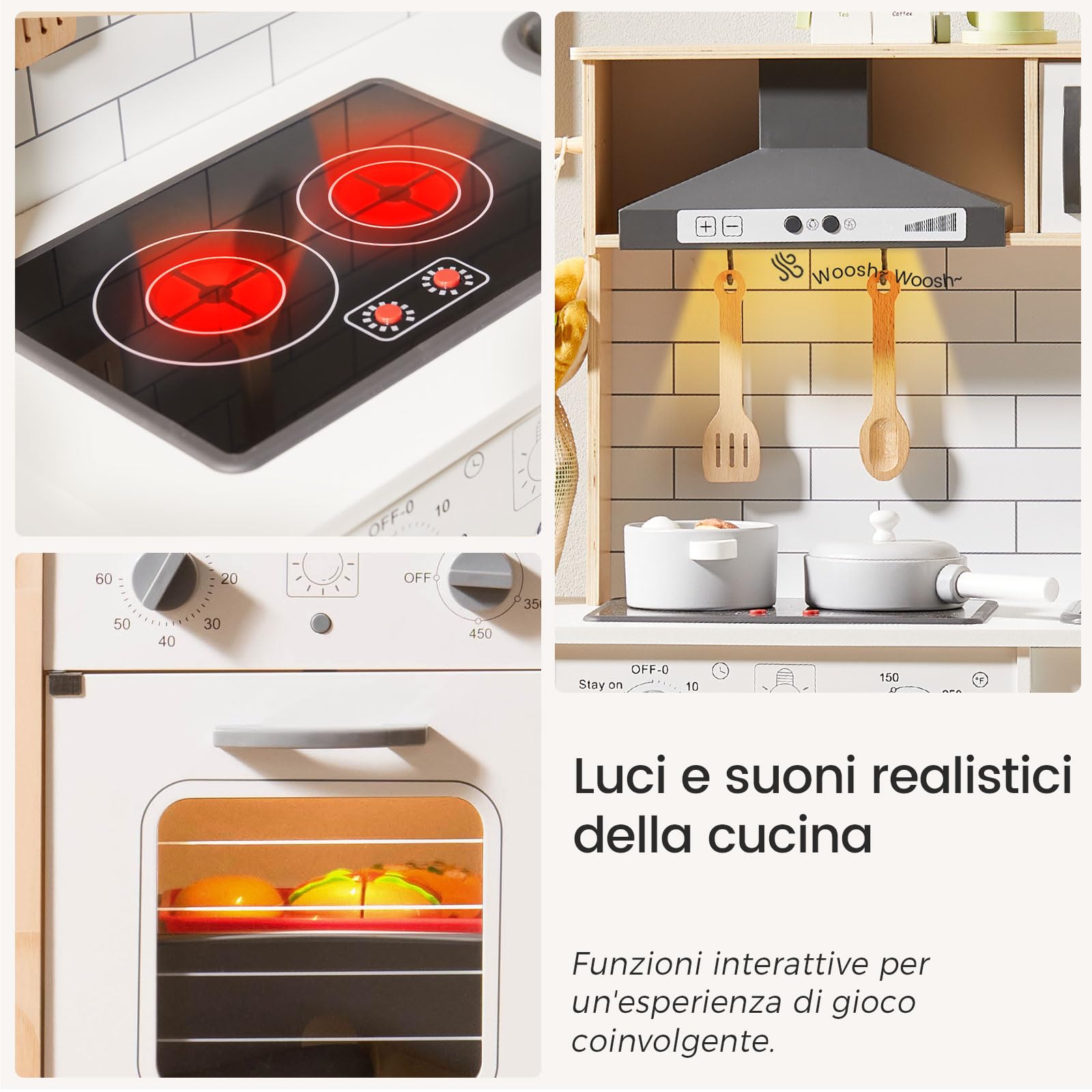 Tiny Land Cucina Giocattolo Per Bambini con 18 accessori per cibo e pentole giocattolo Set da gioco Set da gioco per chef in legno per bambini con luci e suoni reali