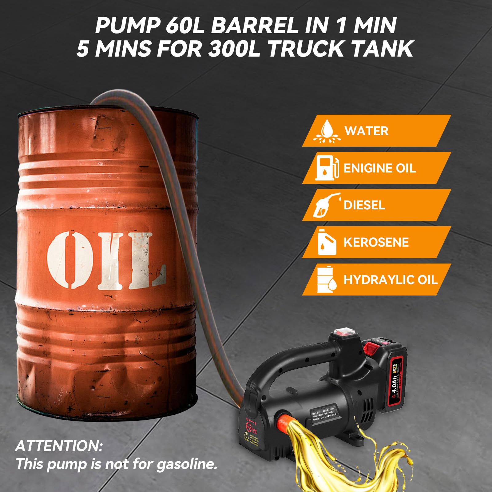 ONEVAN 40L/min Pompe gasoil sans fil 4Ah batterie transfert diesel kérosène | Autonomie de la batterie 30min, vidange d’un fût de 60 litres en 1 minute, moteur sans balais, hauteur de levage 10m