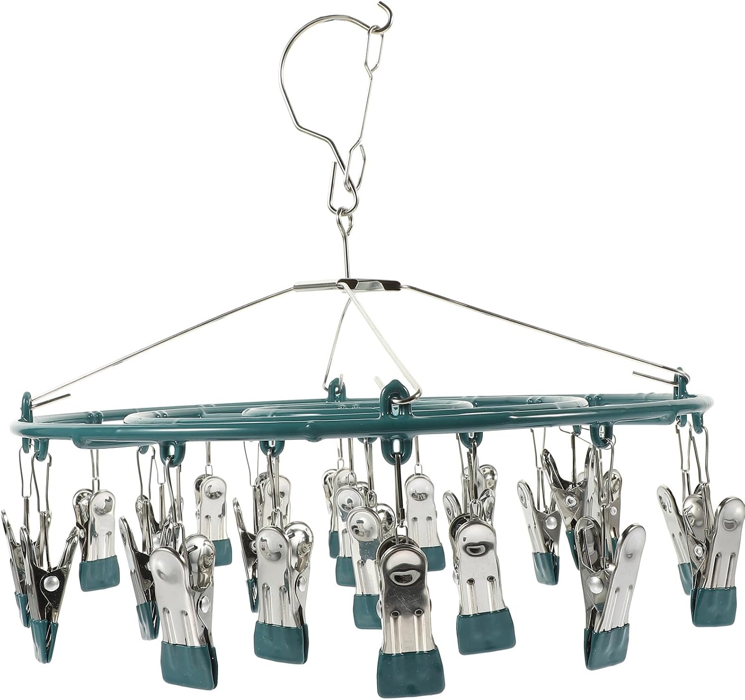 FAVOMOTO Metal Clothes Hanger with 24 Clips for Socks Underwear Towels, Plastic Coated Sturdy Pegs, Multi-use Laundry Drying Rack and Adult Home Use