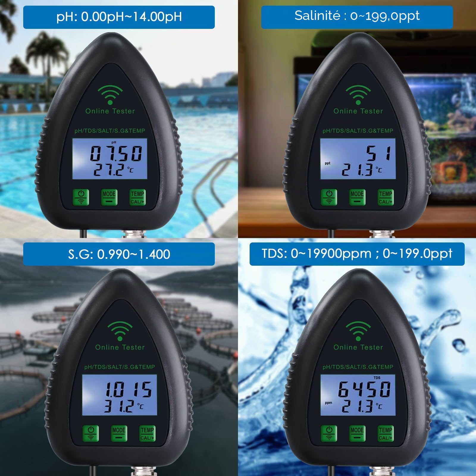 Moniteur de pH WiFi 5 en 1, testeur de qualité de l'eau, pH/S.G/TDS/sel/température 24/7, surveillance hydroponique en ligne avec enregistrement de données et alarme pour aquarium, étang, piscine