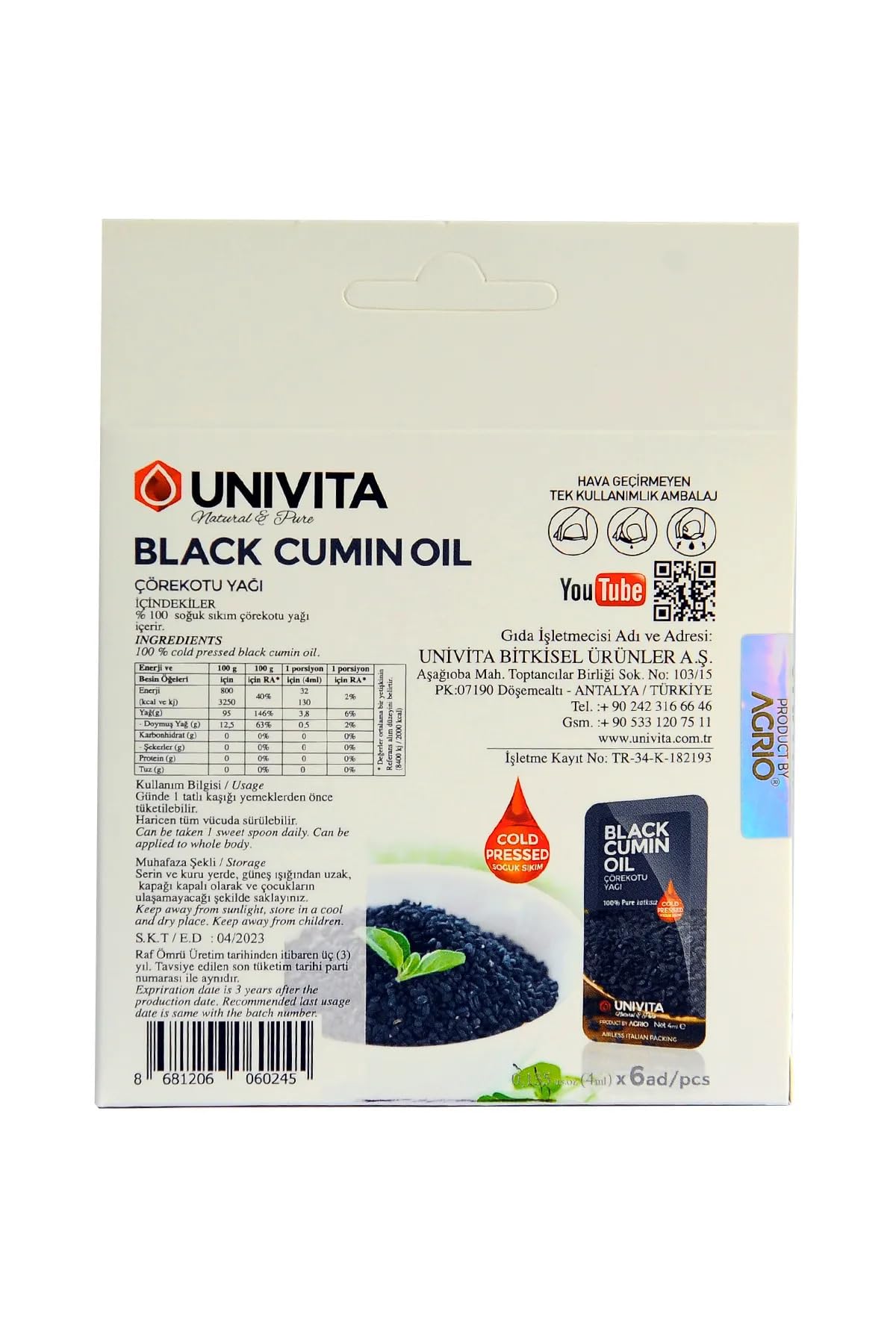 UNIVITA %100 Doğal Katkısız Çörek Otu Yağı - Saç Güçlendirici/Black Cumin Oil 4ml X 6 Adet